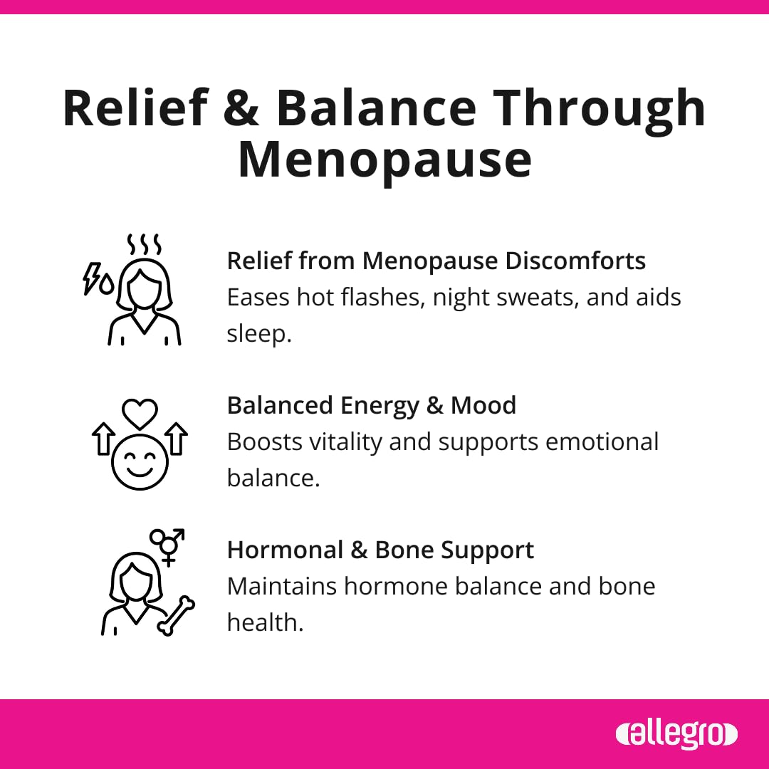 Allegro Menopause Relief label closeup highlighting vegan, non-GMO formula.