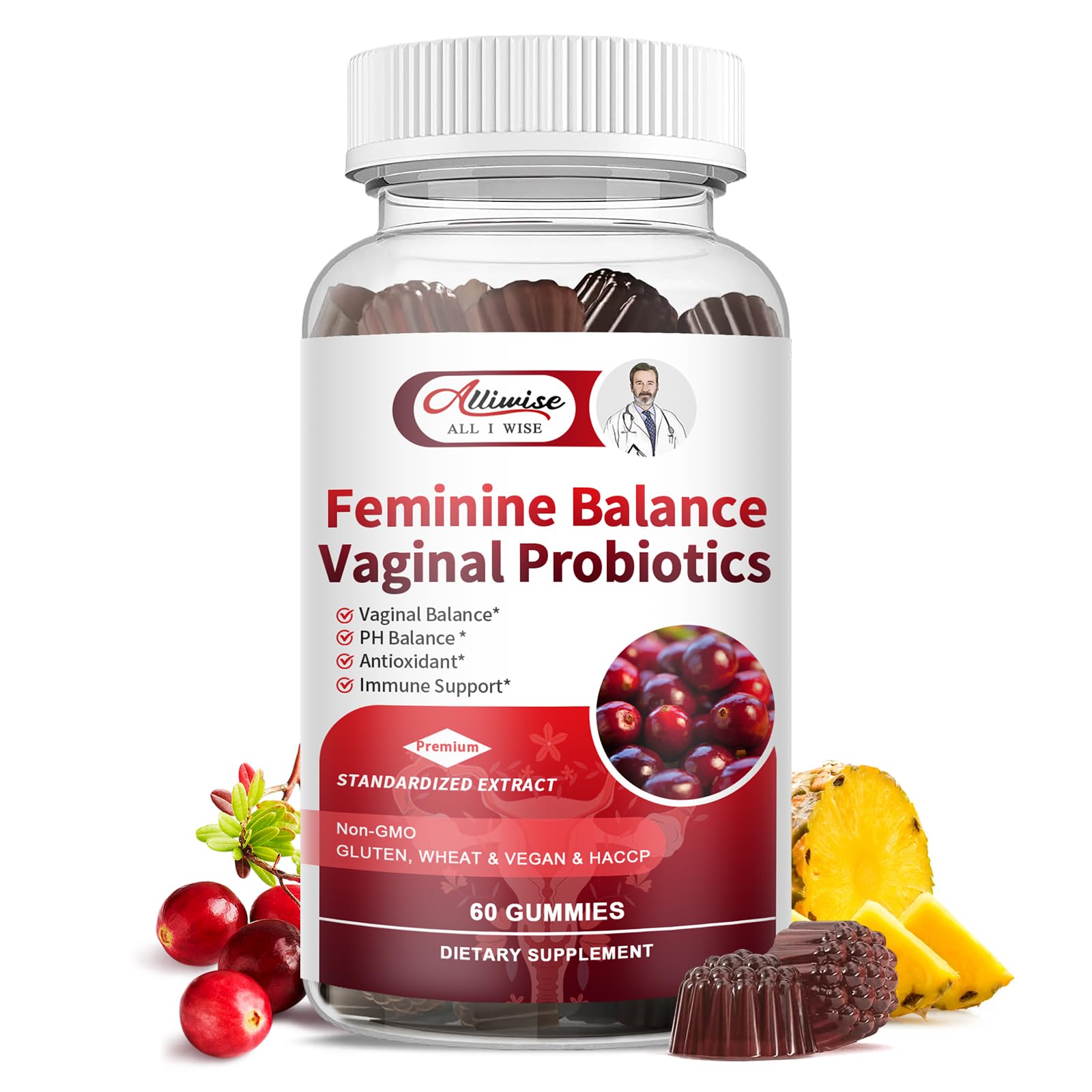 Alliwise Balance Gummies bottle front with pineapple flavor for daily comfort