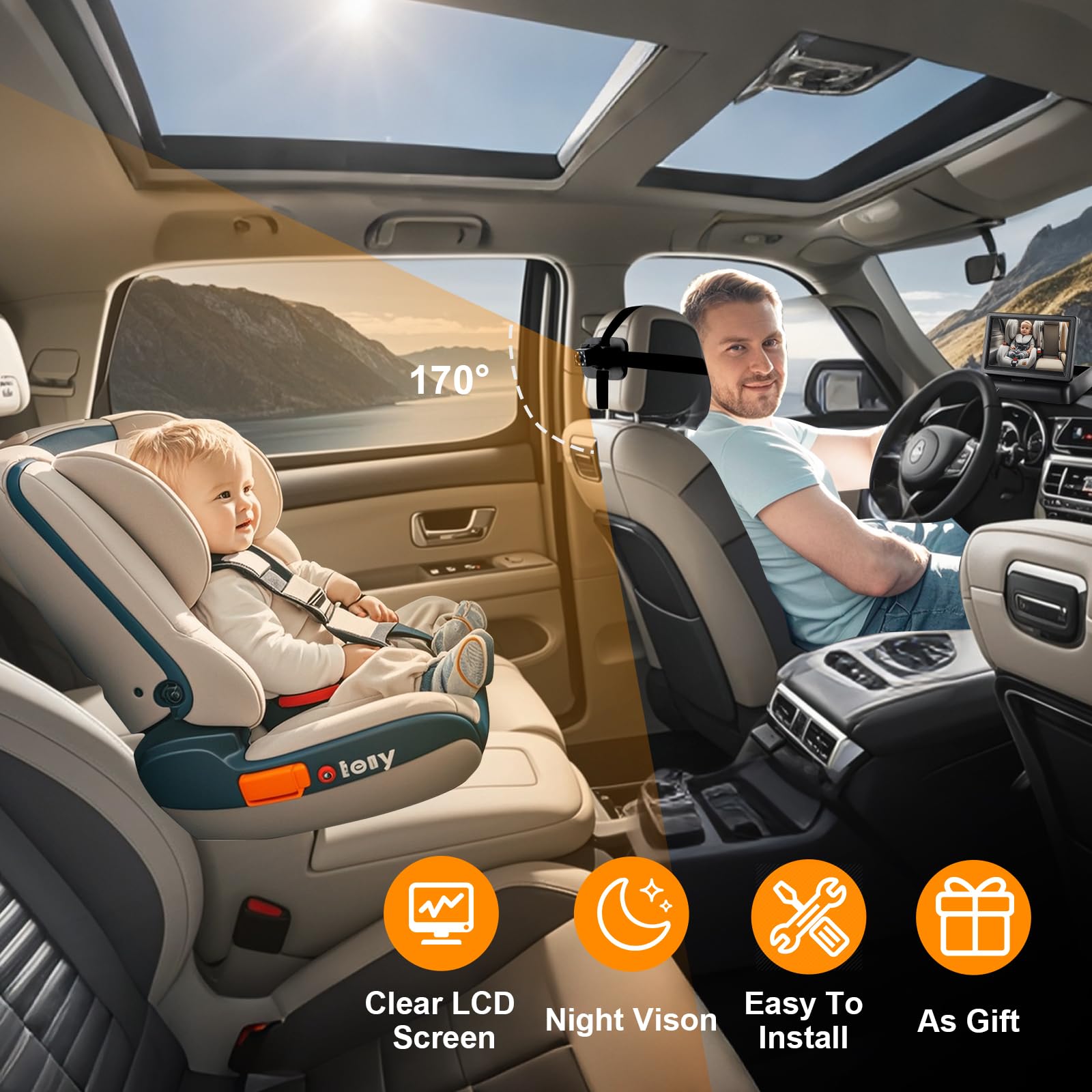 ALLRUBY baby car camera monitor foldable screen saves dash space