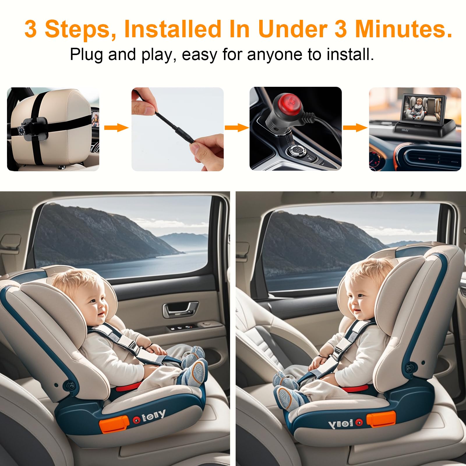 ALLRUBY baby car camera monitor night vision enables evening cabin monitoring