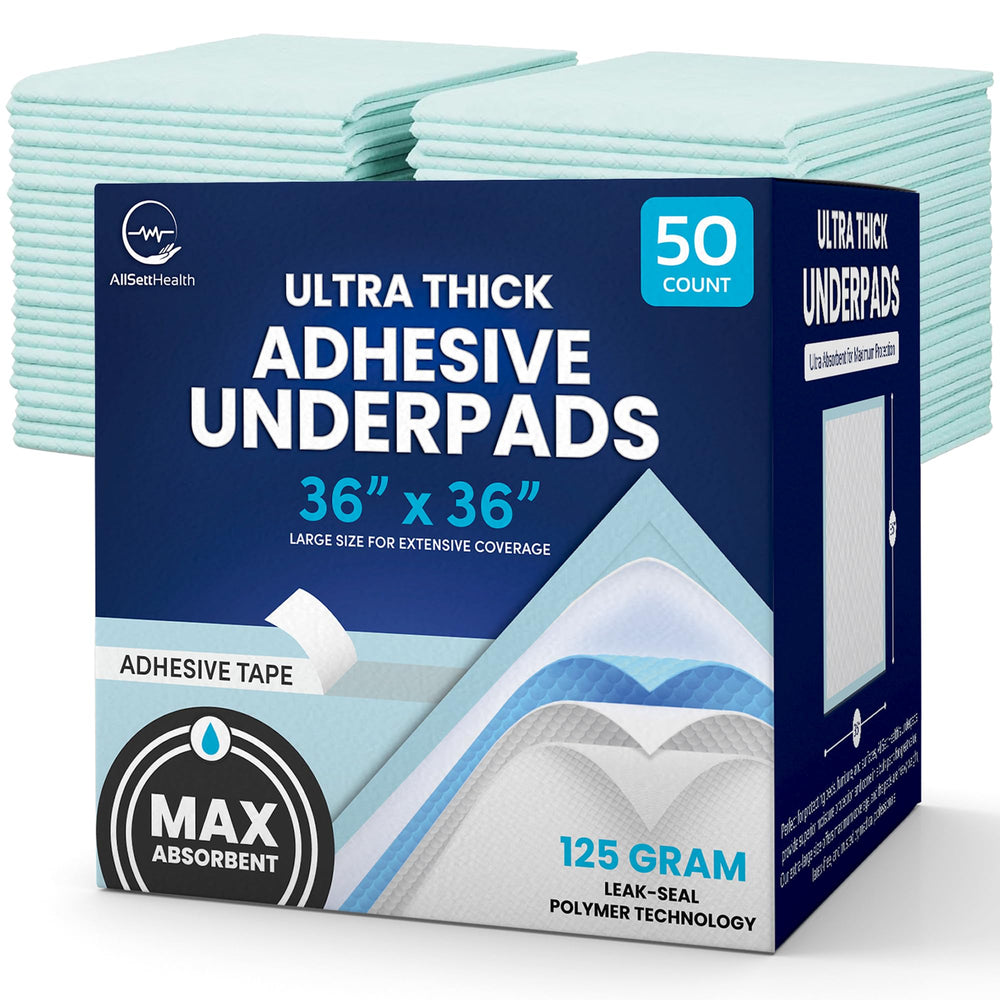 AllSett Health adhesive bed pad 36x36 locks in place for secure overnight protection.