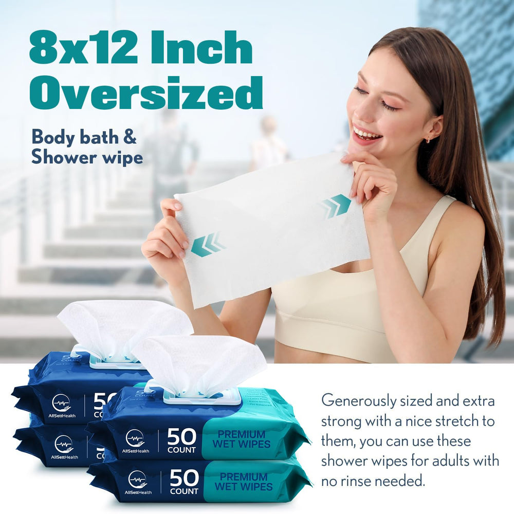 AllSett Health adult wipe with Aloe Vera and Vitamin E for gentle cleansing.