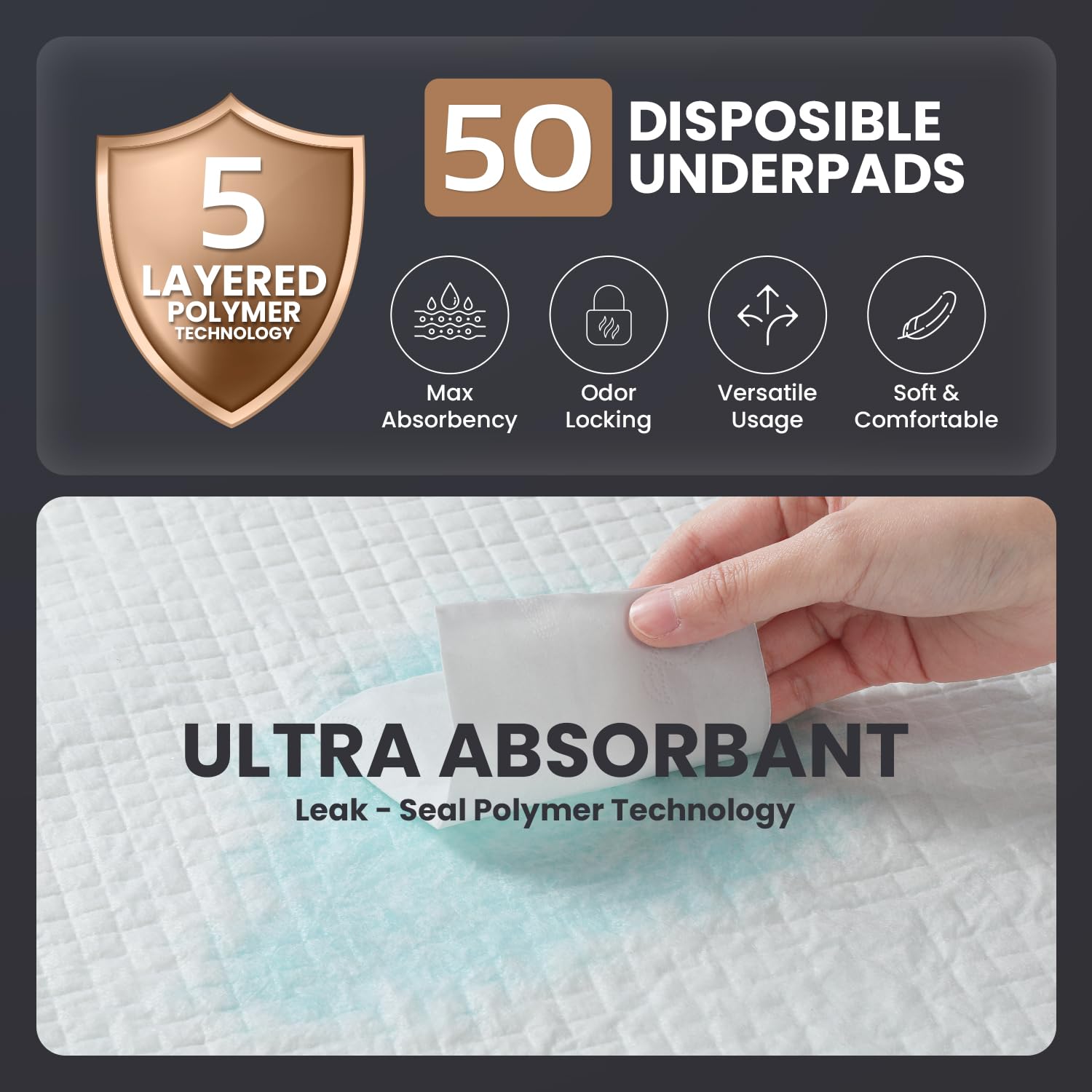 AllSett Health bed pads opened to 40x36 inches for large surface coverage.