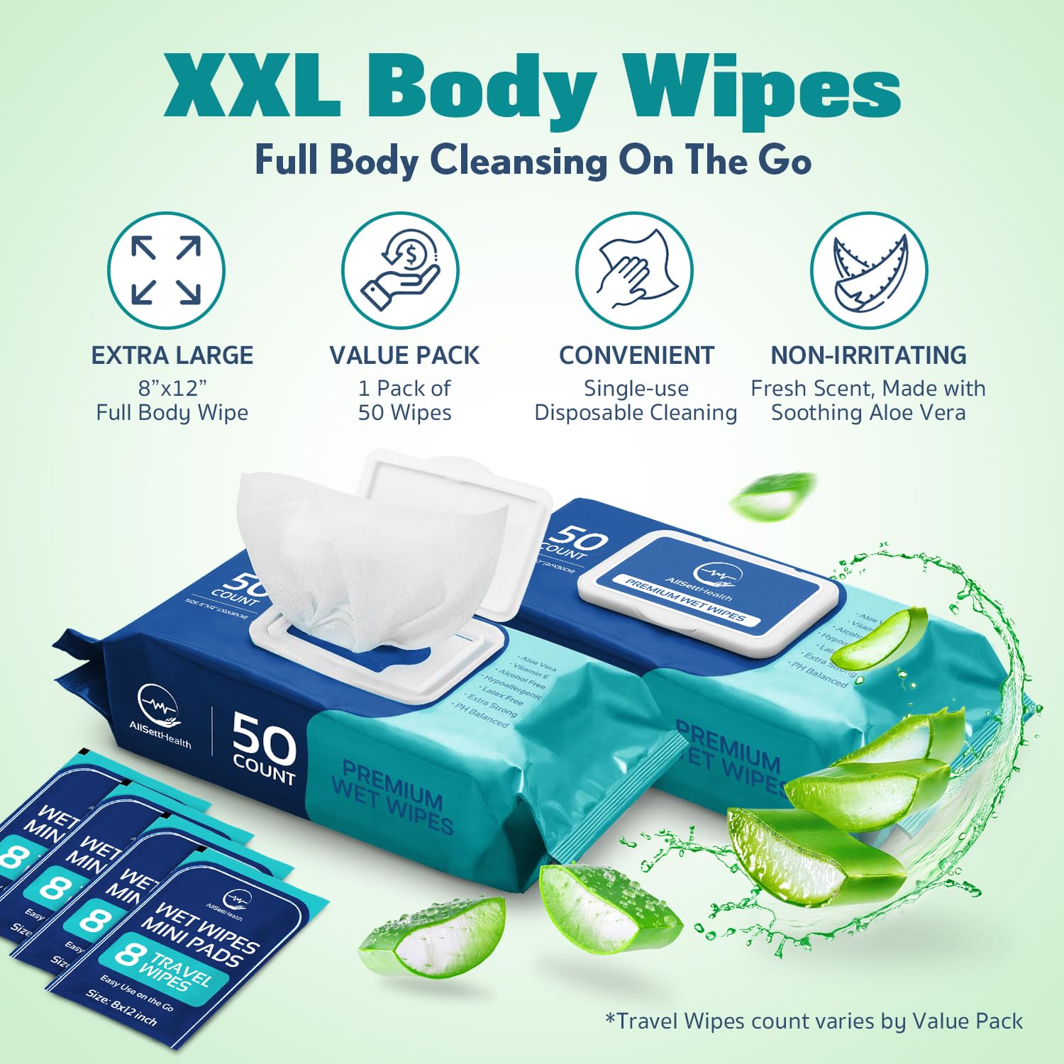 AllSett Health value pack shows 400 wipes and 8 travel wipes for on-the-go freshness