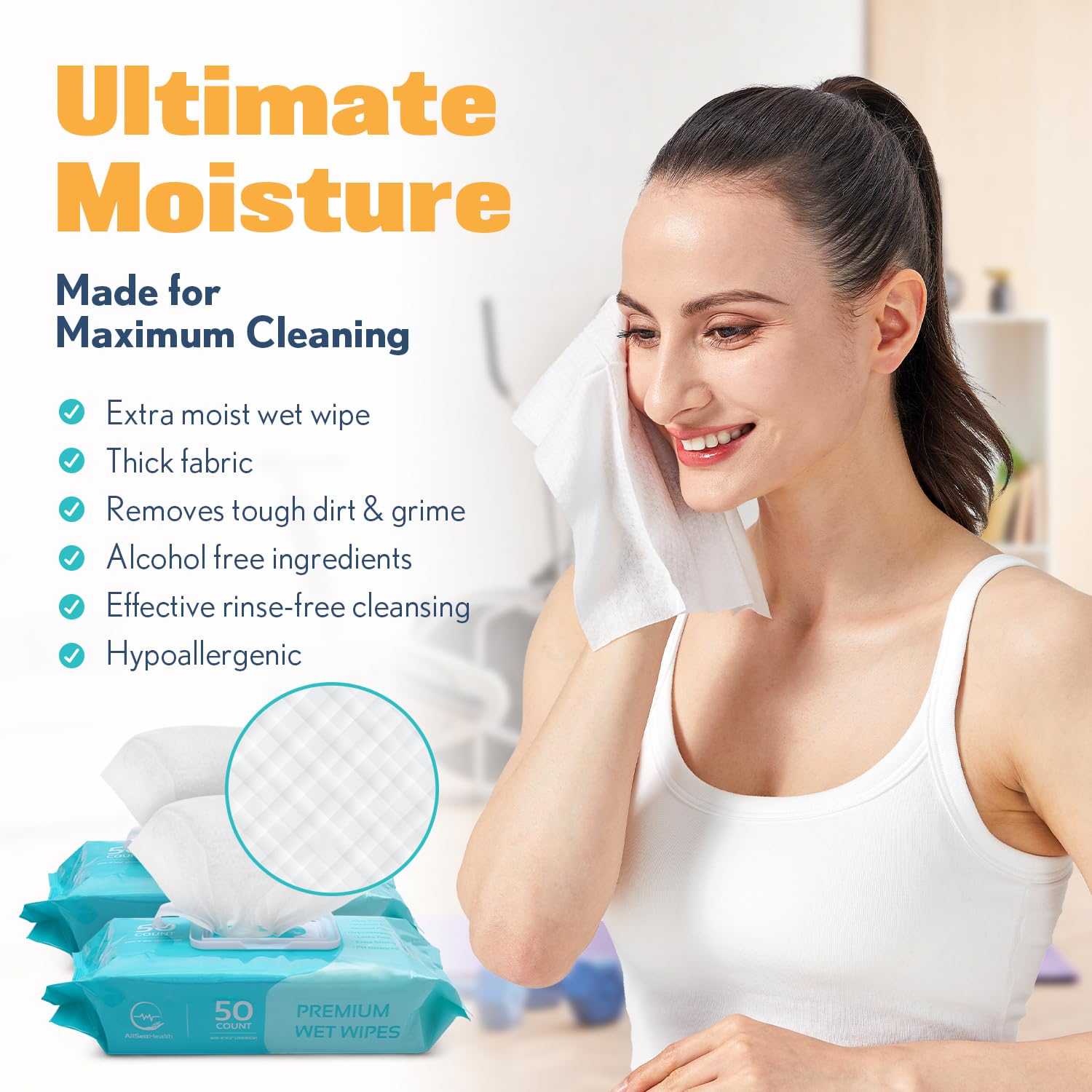 AllSett Health disposable washcloths in caregiving setting, hospital-grade hygiene.
