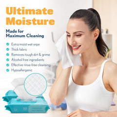AllSett Health disposable washcloths in caregiving setting, hospital-grade hygiene.