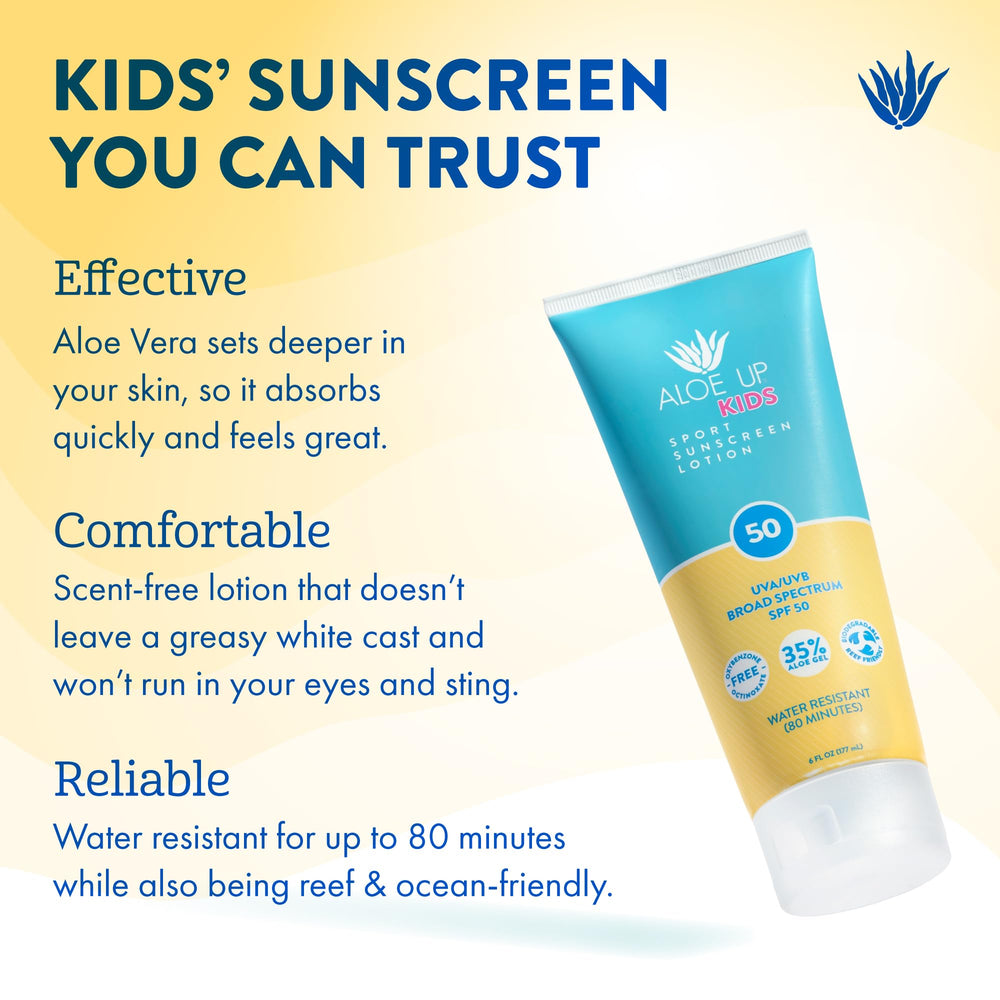 Aloe Up Kids Sport Sunscreen Lotion on hand ready for quick, non-greasy application.