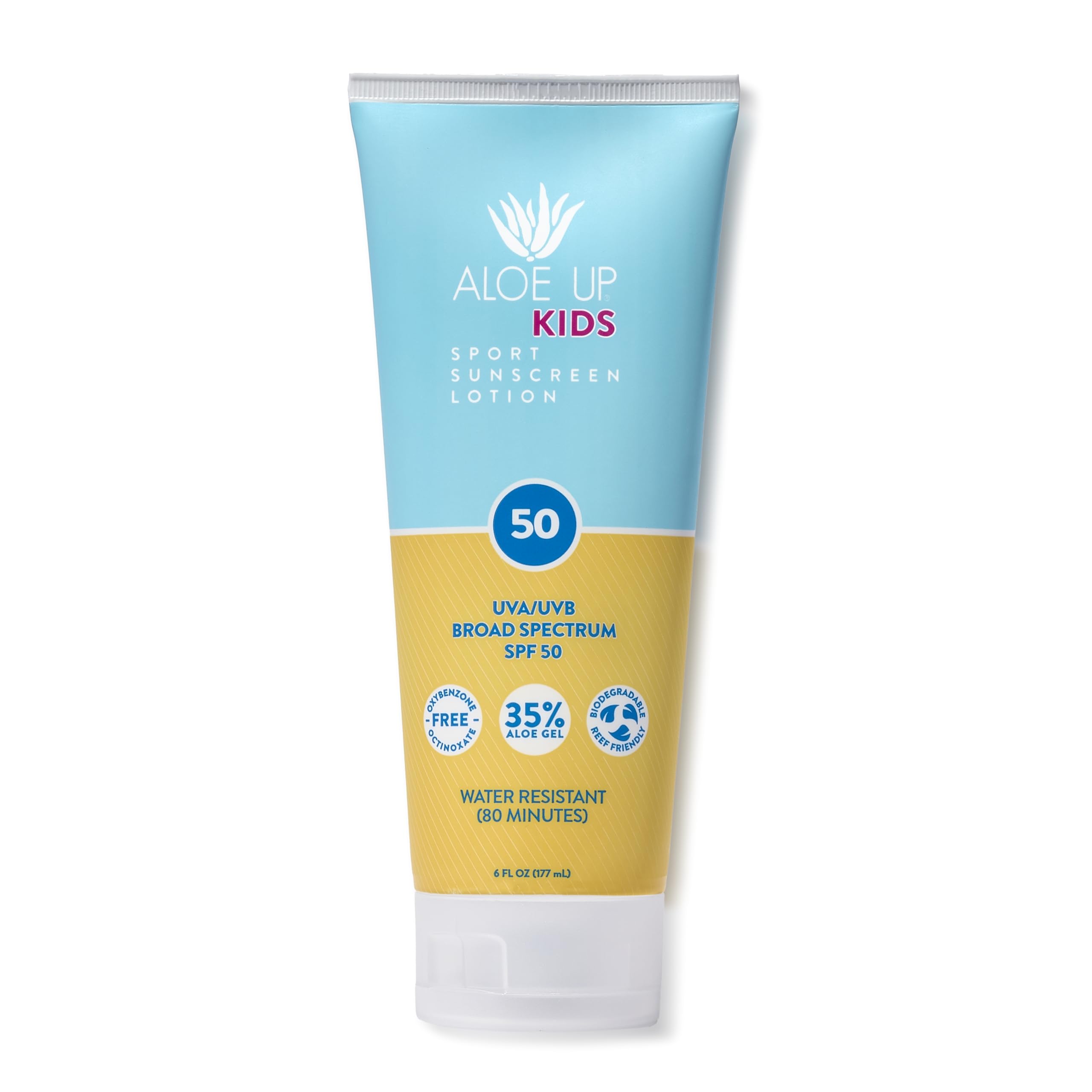Aloe Up Kids Sport Sunscreen Lotion bottle front showing SPF 50 protection for active play.