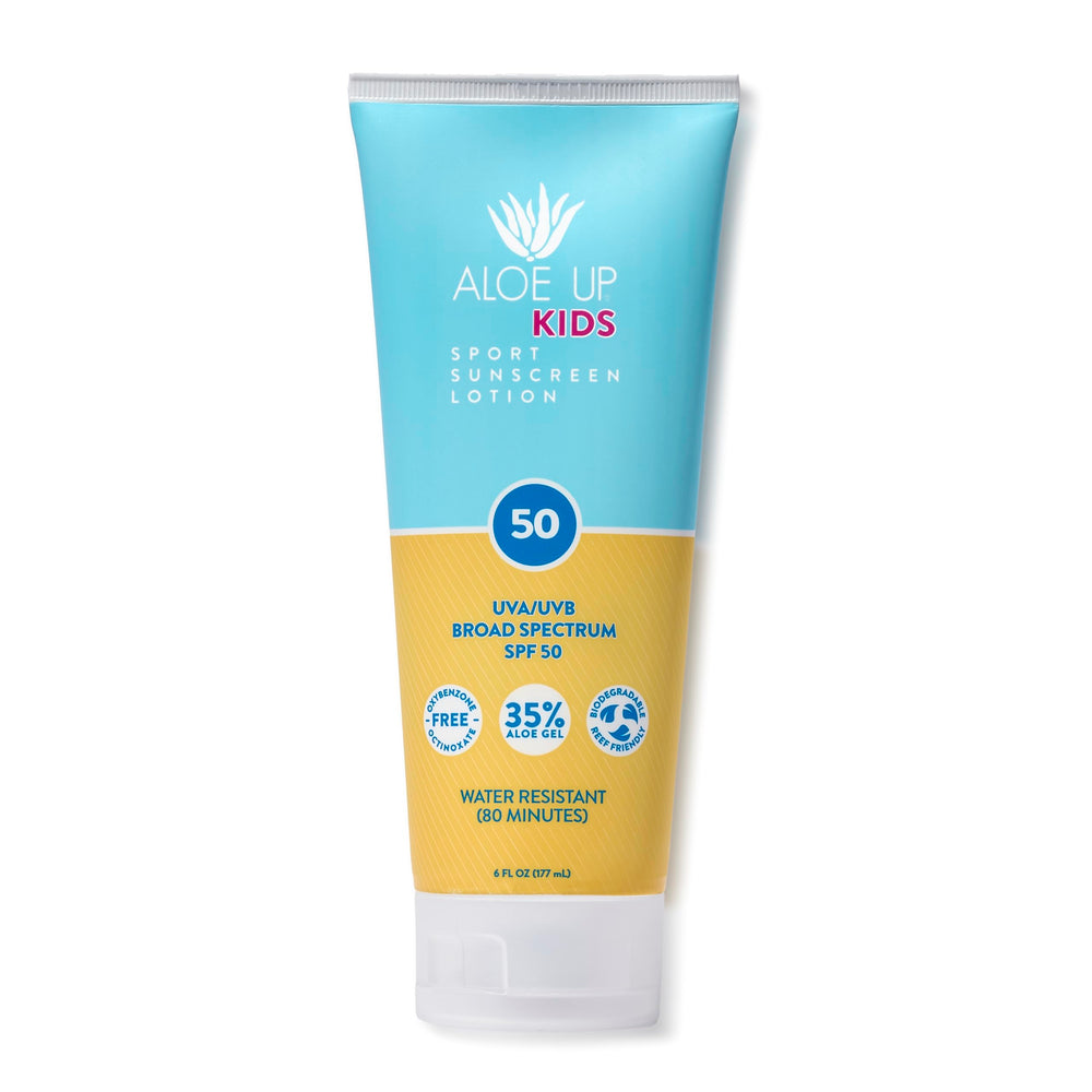Aloe Up Kids Sport Sunscreen Lotion bottle front showing SPF 50 protection for active play.