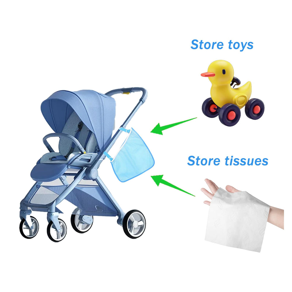 Alovexiong blue cargo net on stroller side rail holding snacks and bottles
