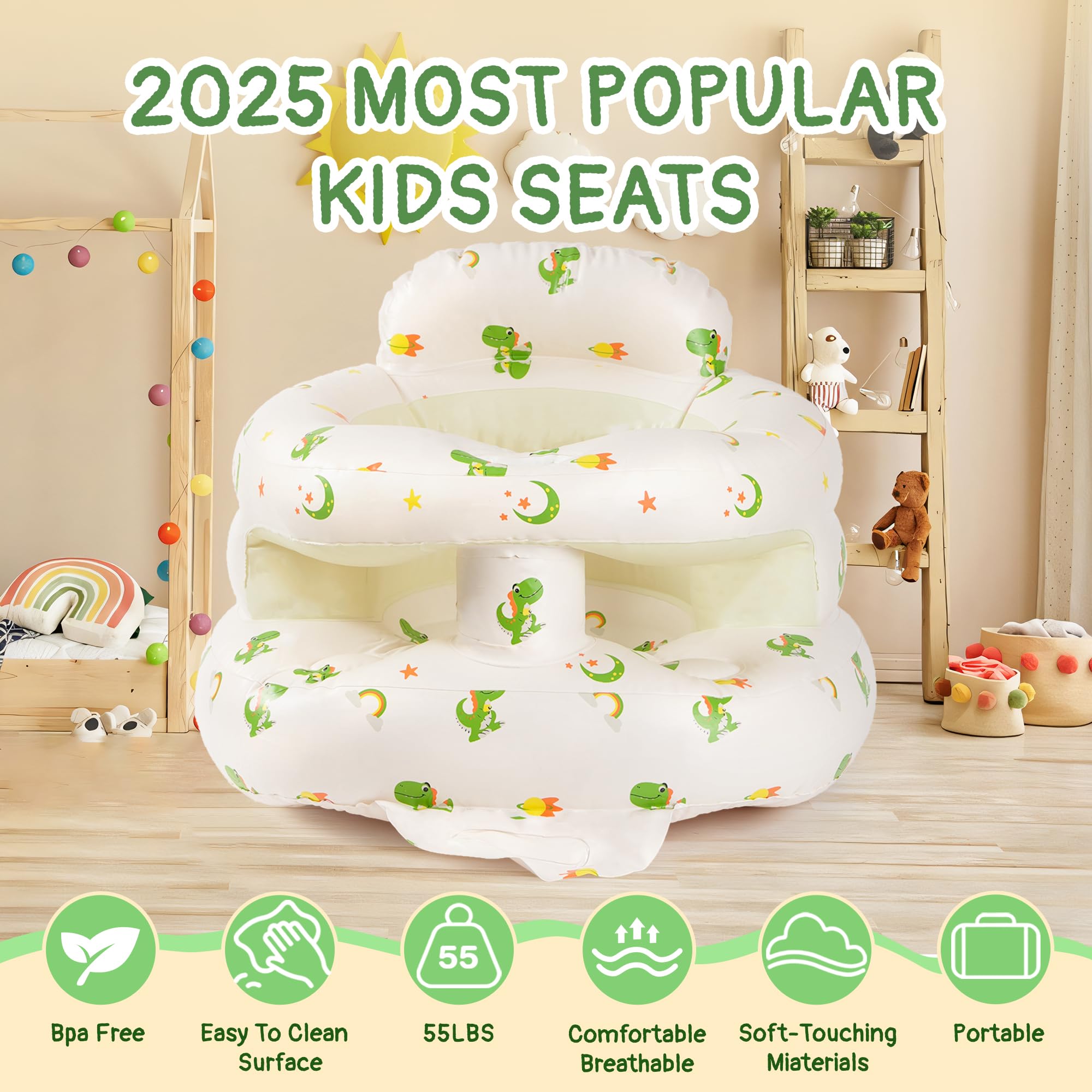 Aloxina Dinosaur Sit Me Up Seat folds flat for compact travel and storage.