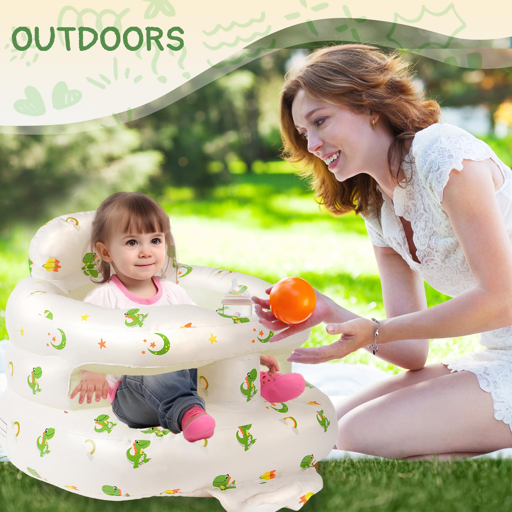 Aloxina Dinosaur Sit Me Up Seat uses soft BPA-free PVC gentle on skin.