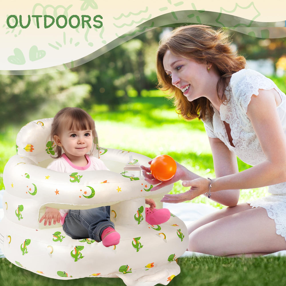 Aloxina Dinosaur Sit Me Up Seat uses soft BPA-free PVC gentle on skin.
