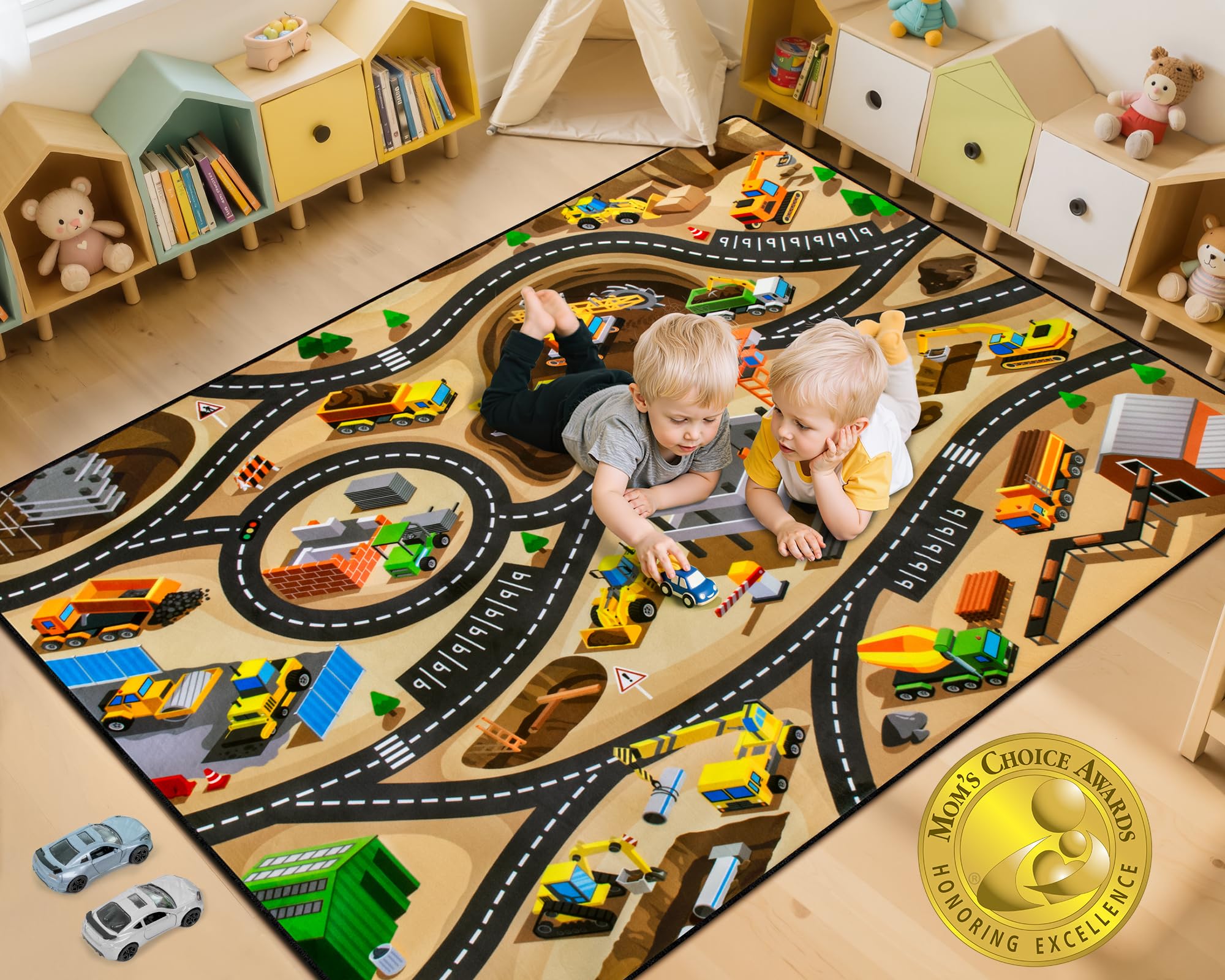 AlphabetAcre construction-site rug 4x6ft with non-slip backing for safe indoor play.