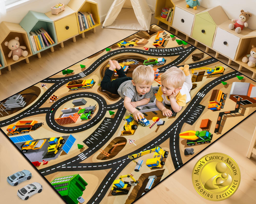 AlphabetAcre construction-site rug 4x6ft with non-slip backing for safe indoor play.