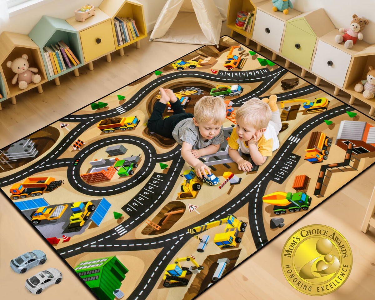 AlphabetAcre construction-site rug 4x6ft with non-slip backing for safe indoor play.
