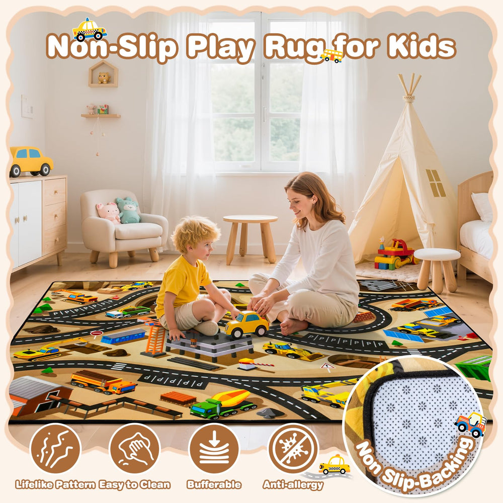 AlphabetAcre kids car rug with tufted wool and rubber for comfortable, lasting play.