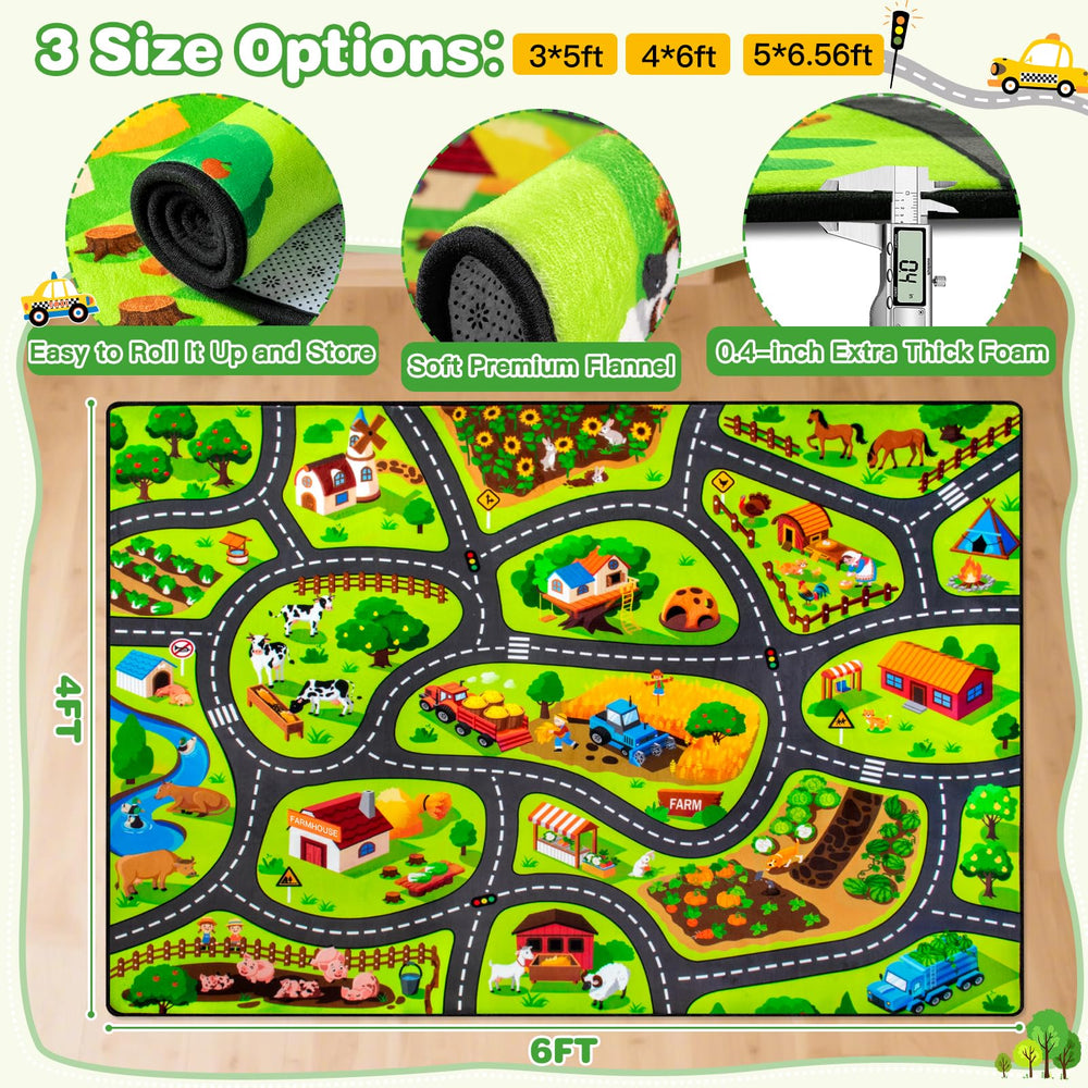 AlphabetAcre Kids Farm Play Rug care routine highlights easy machine washing.