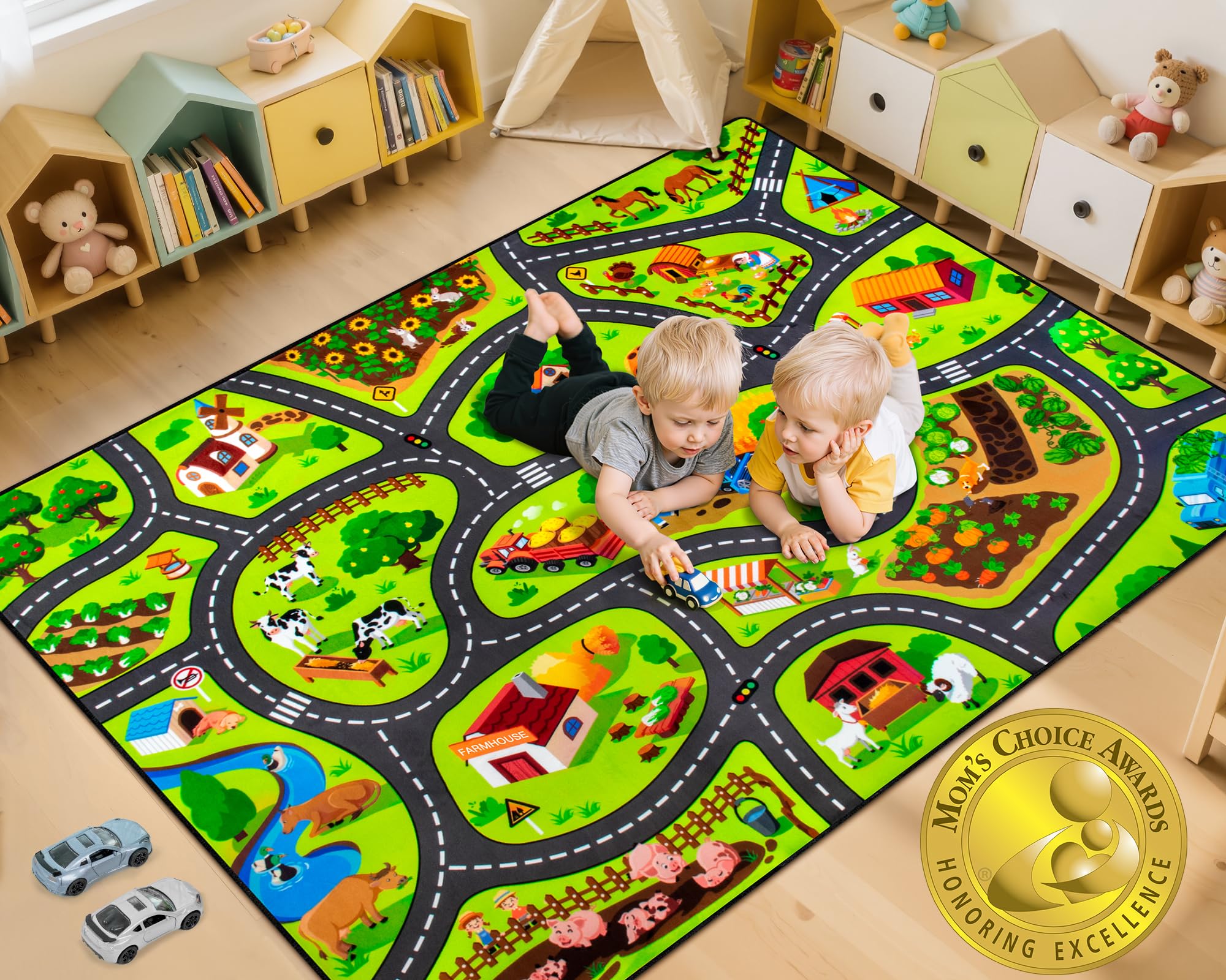 AlphabetAcre Kids Farm Play Rug front view shows a colorful farm layout for imaginative pretend play.