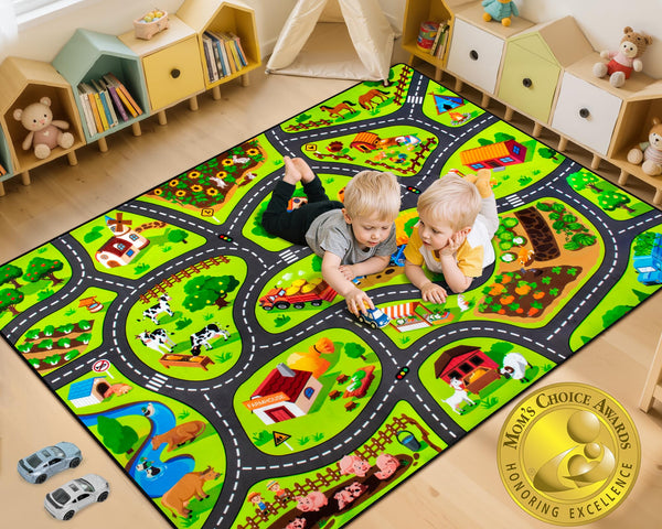 AlphabetAcre Kids Farm Play Rug front view shows a colorful farm layout for imaginative pretend play.