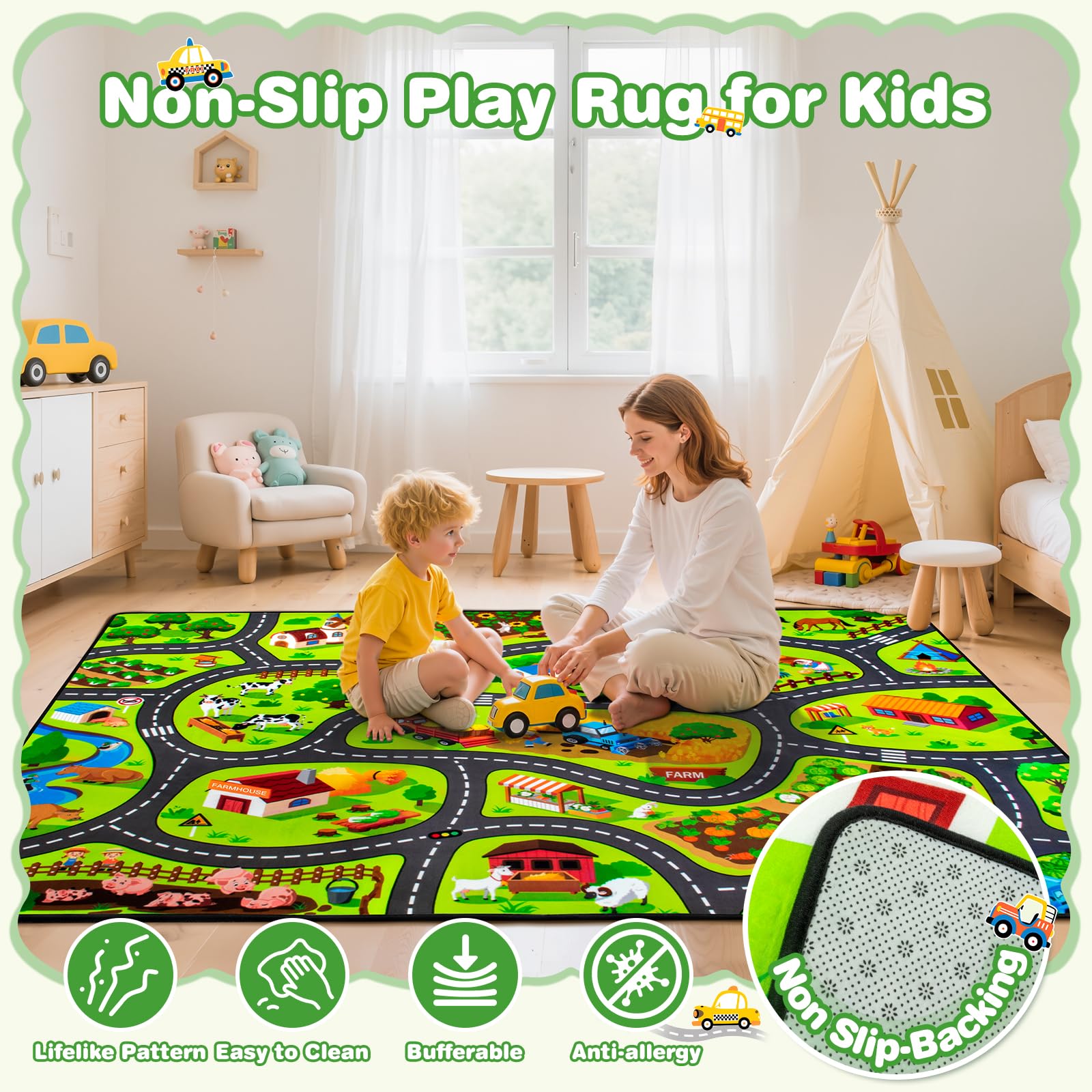 AlphabetAcre Kids Farm Play Rug overhead layout highlights road tracks and fields for exploration.