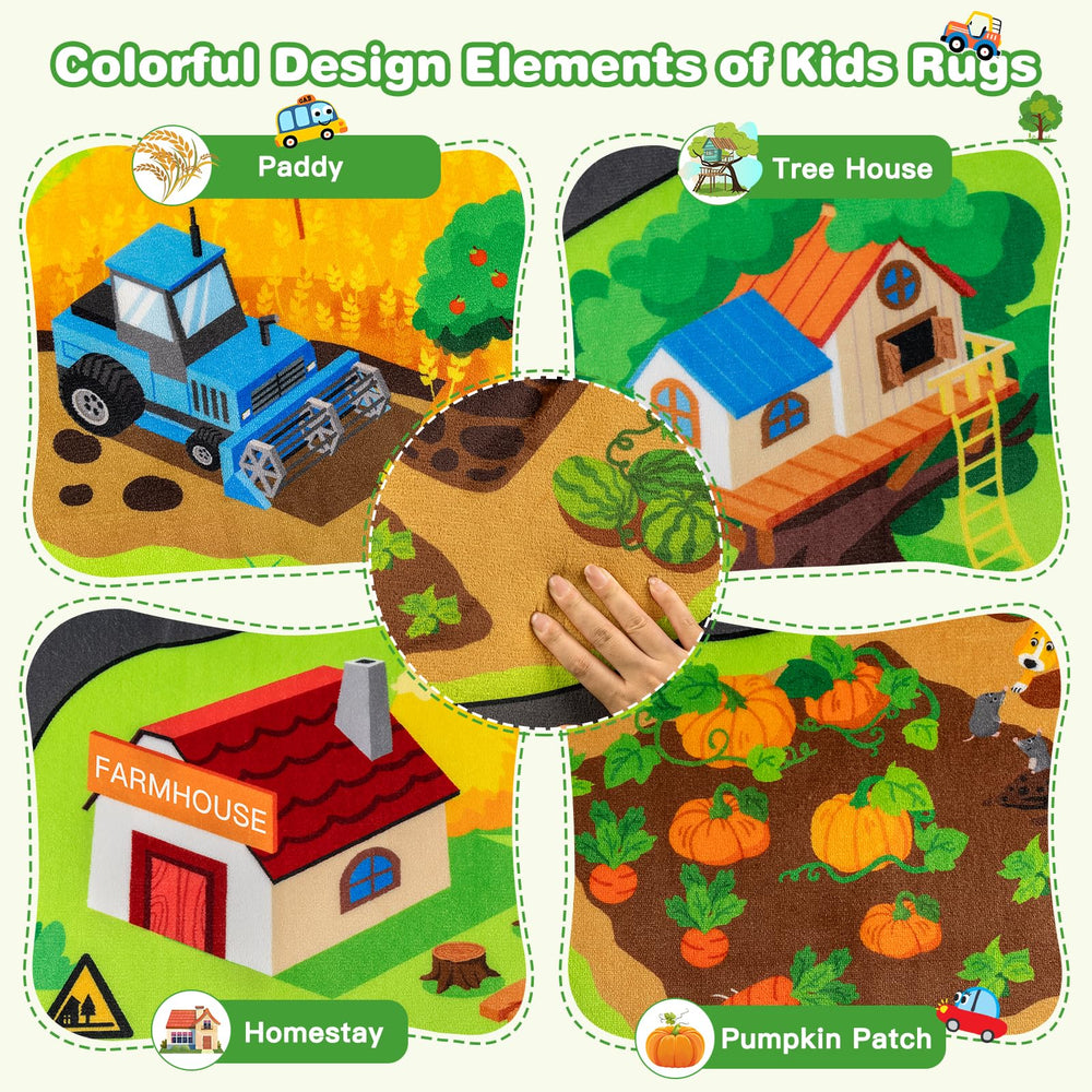 AlphabetAcre Kids Farm Play Rug with toy cars supports interactive, imaginative play.