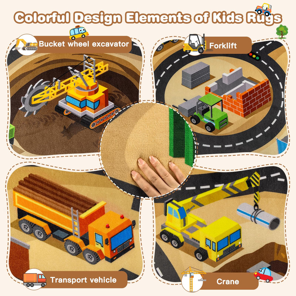AlphabetAcre machine-washable rug simplifies cleanup after messy playtime.