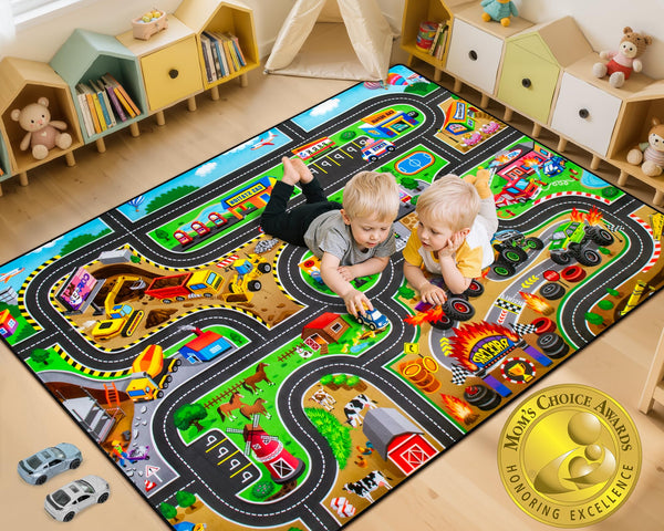 AlphabetAcre Monster Truck Rug with varied scenes to spark imaginative play.