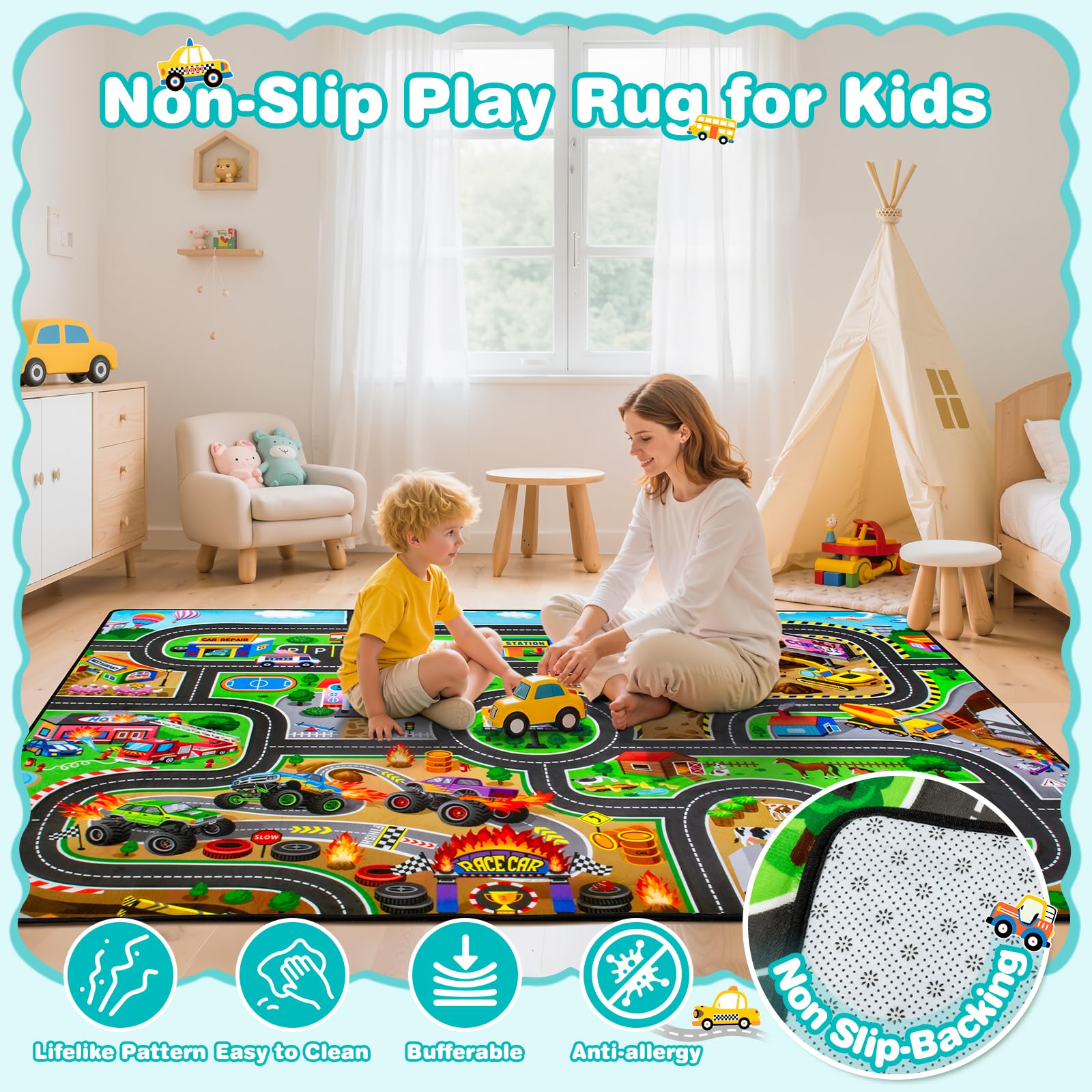 AlphabetAcre non-slip backing keeps the rug in place during active play.