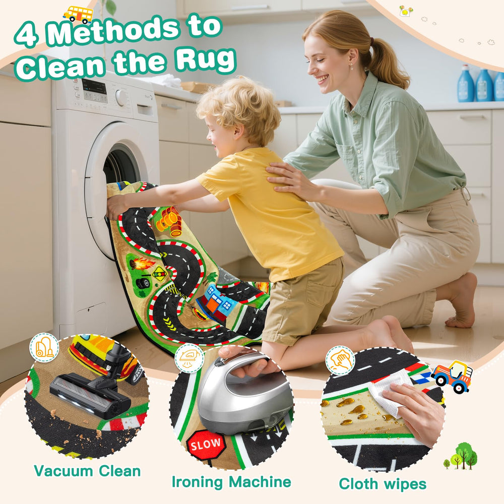 AlphabetAcre washable rug cleans easily after busy family toy sessions