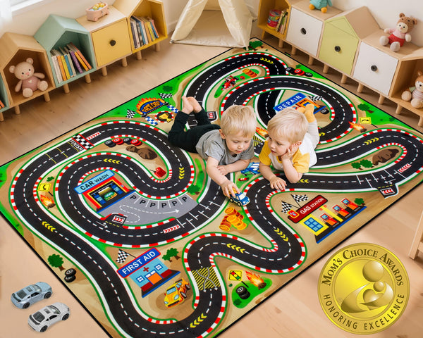 AlphabetAcre race track rug with realistic 3D design for immersive car play