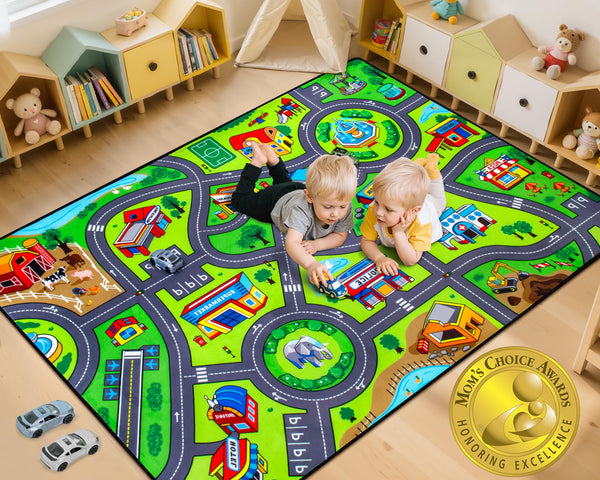 AlphabetAcre Road Car Rug 4x6-foot with city design for imaginative play and safe exploration.