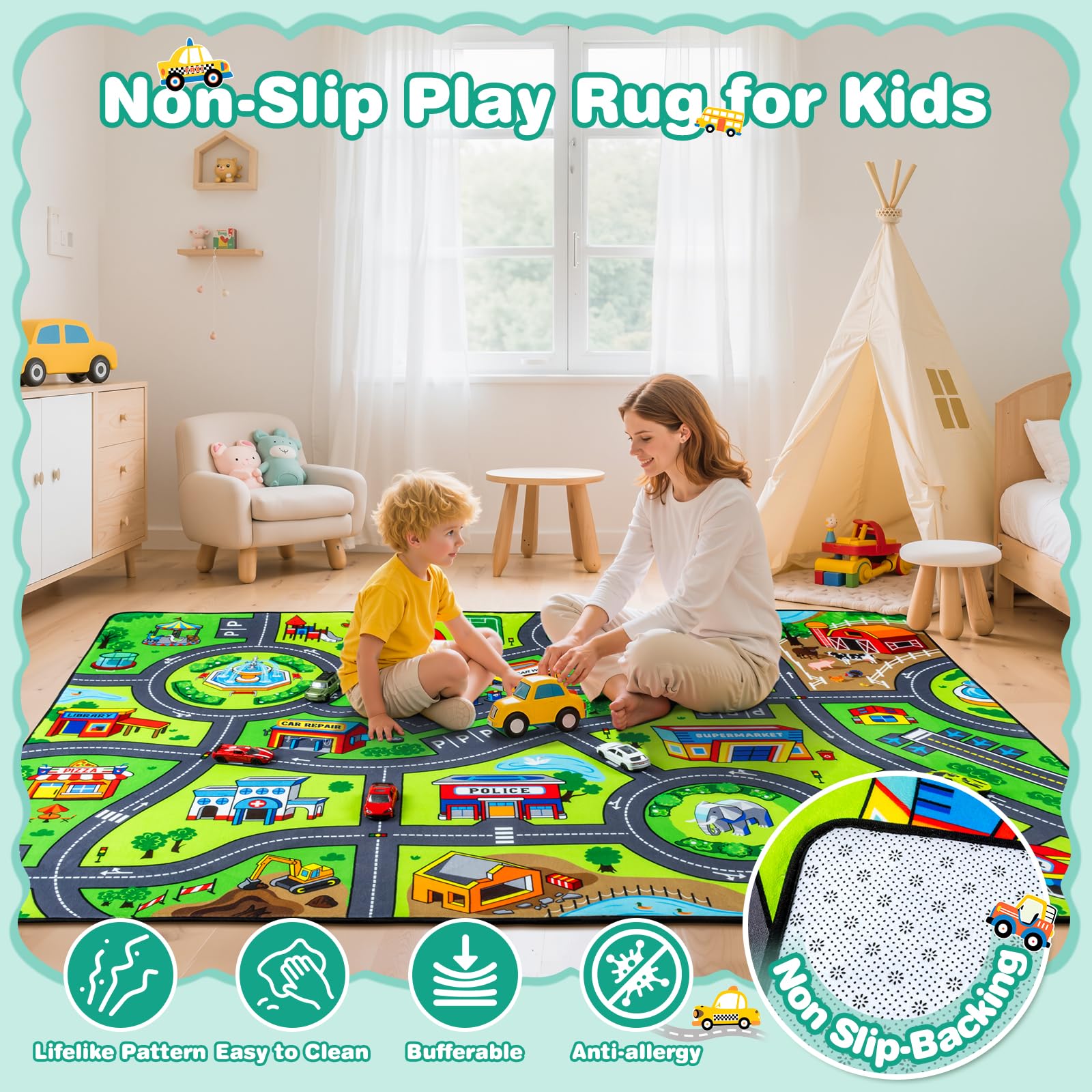 AlphabetAcre soft non-slip backing rug ensures stable play surfaces for toddlers and active kids.