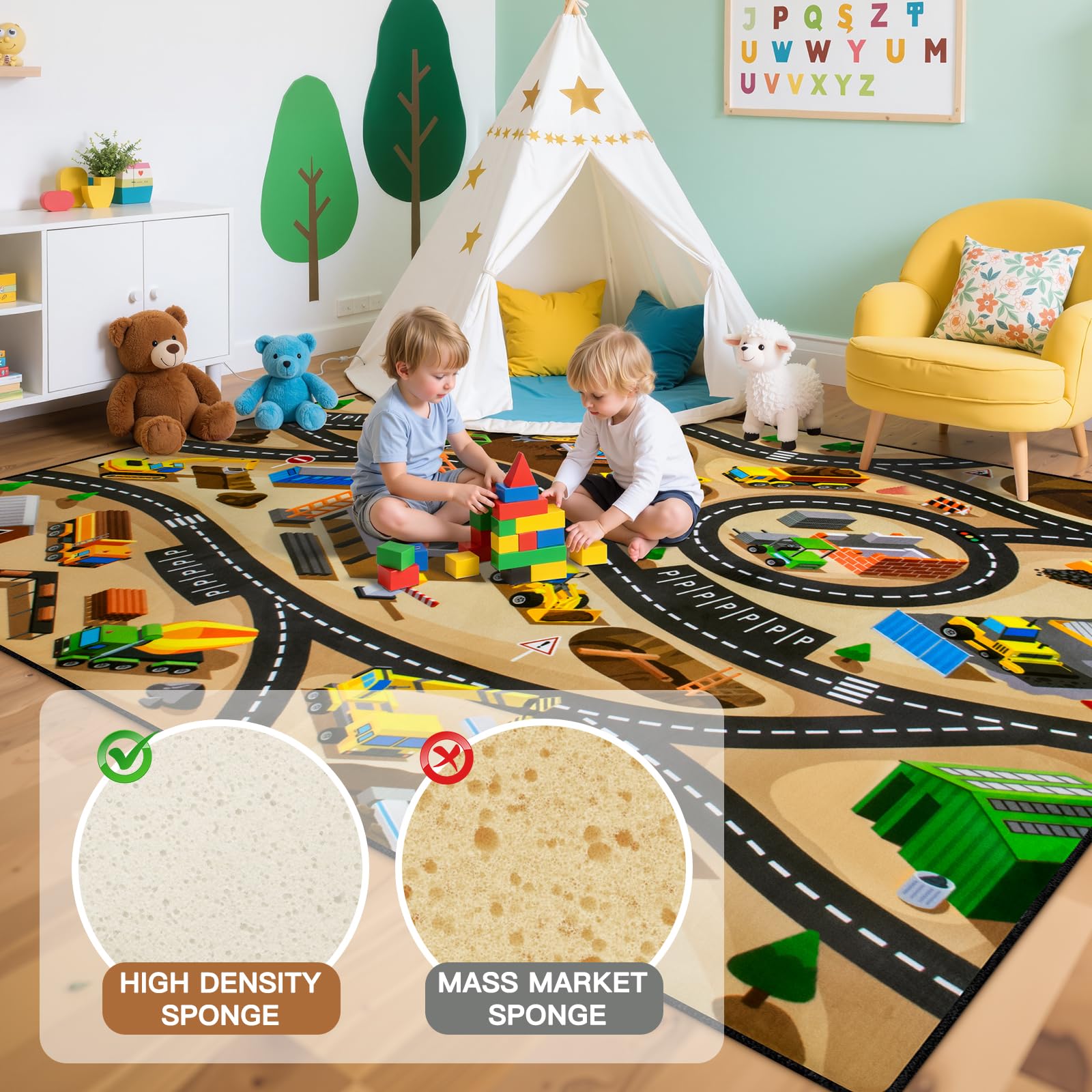 AlphabetAcre tufted wool rubber construction rug features durable edges for cozy play.