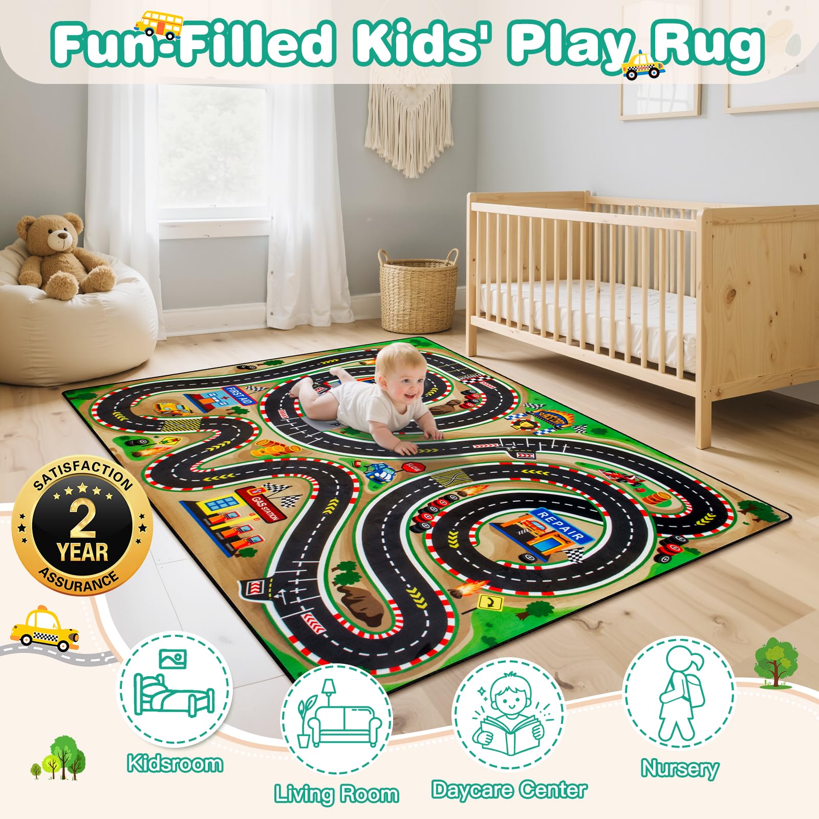 AlphabetAcre race track rug creates a vivid play area in any room