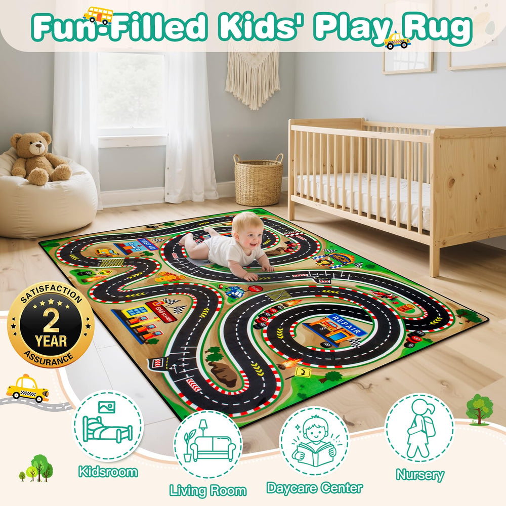 AlphabetAcre race track rug creates a vivid play area in any room