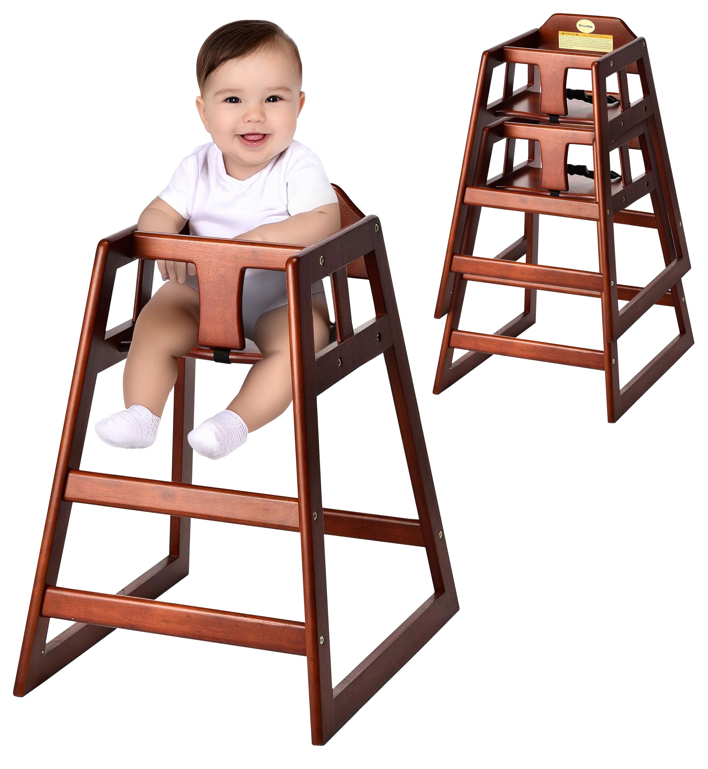 Alpine wooden high chair surface is easy to wipe clean between uses.