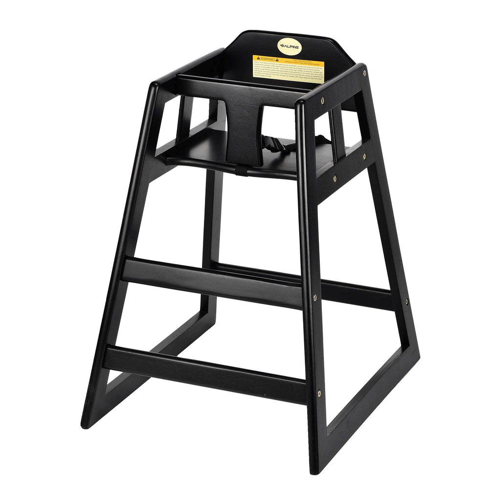 Alpine high chair in use with a secure harness for safe feeding.