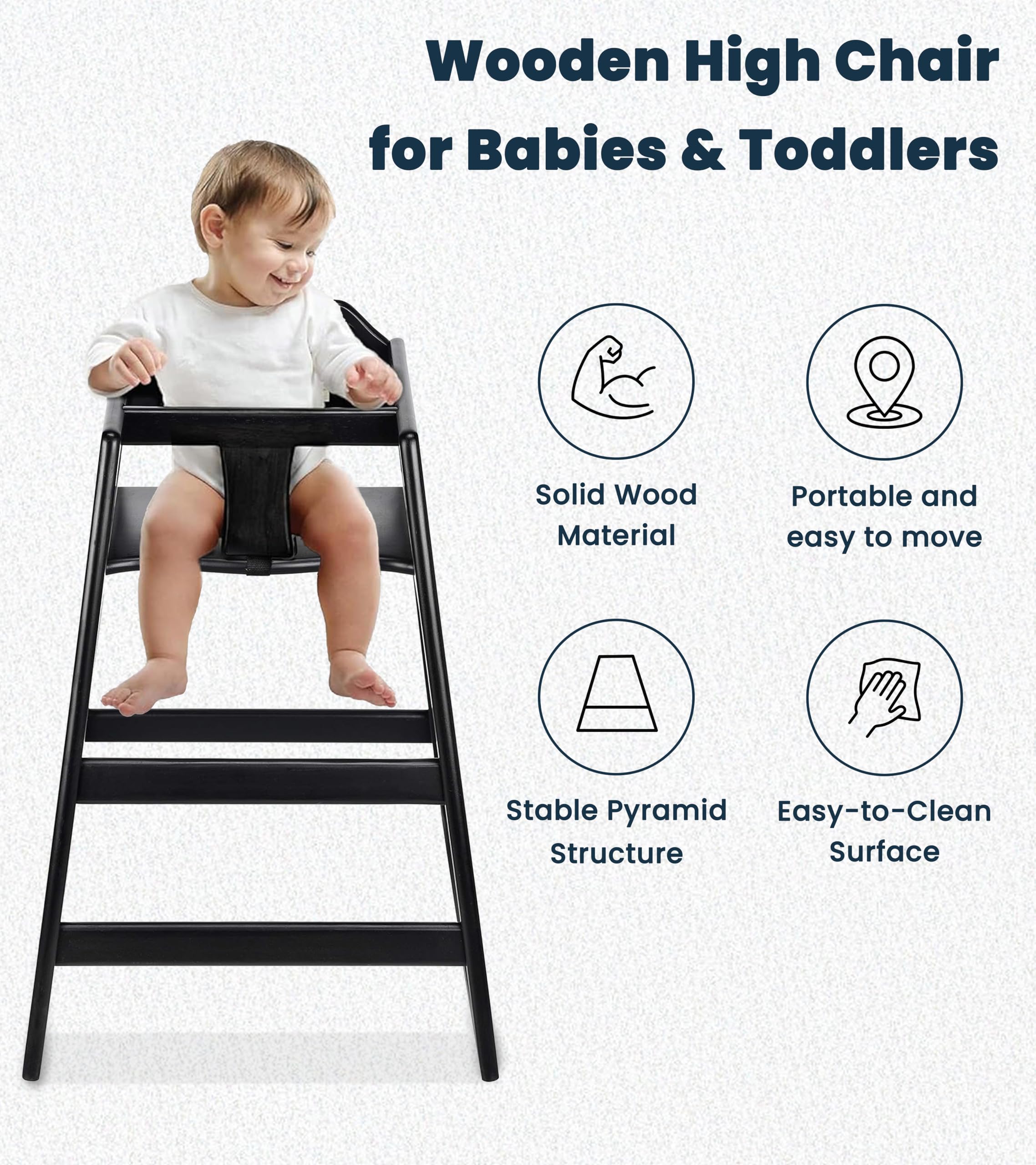 Alpine high chair with wooden pyramid base for added stability.