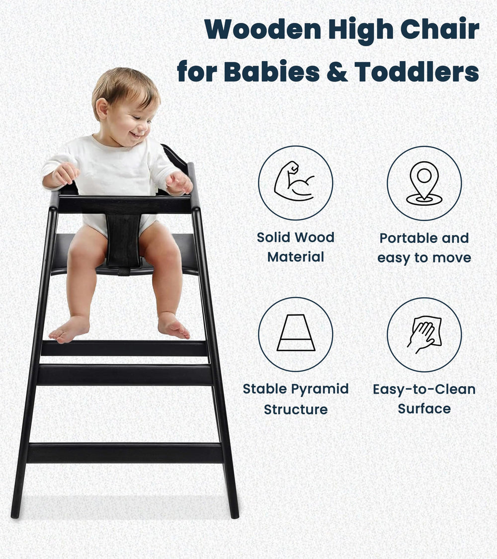 Alpine high chair with wooden pyramid base for added stability.