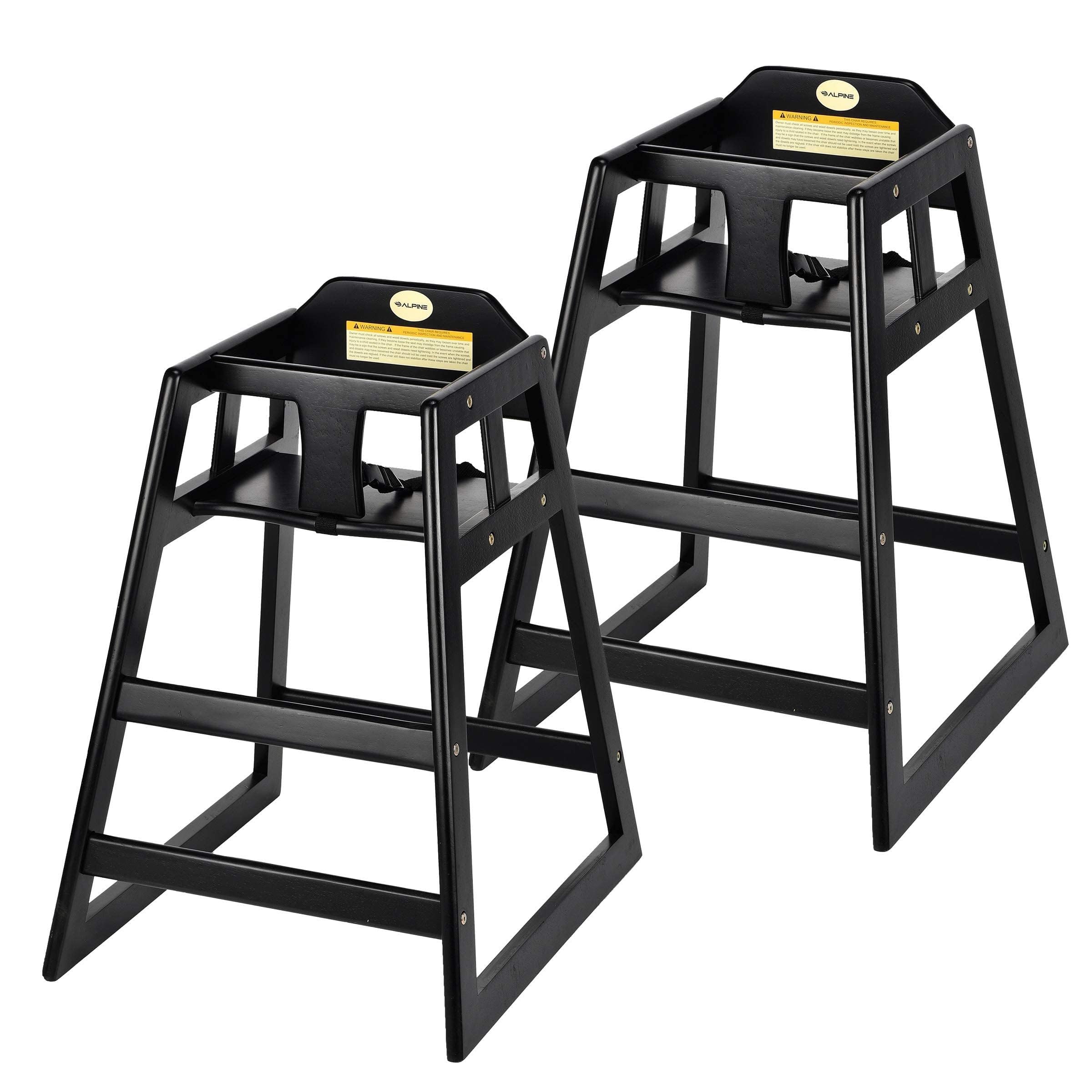 Alpine wooden high chair with safety harness keeps toddlers secure during meals.