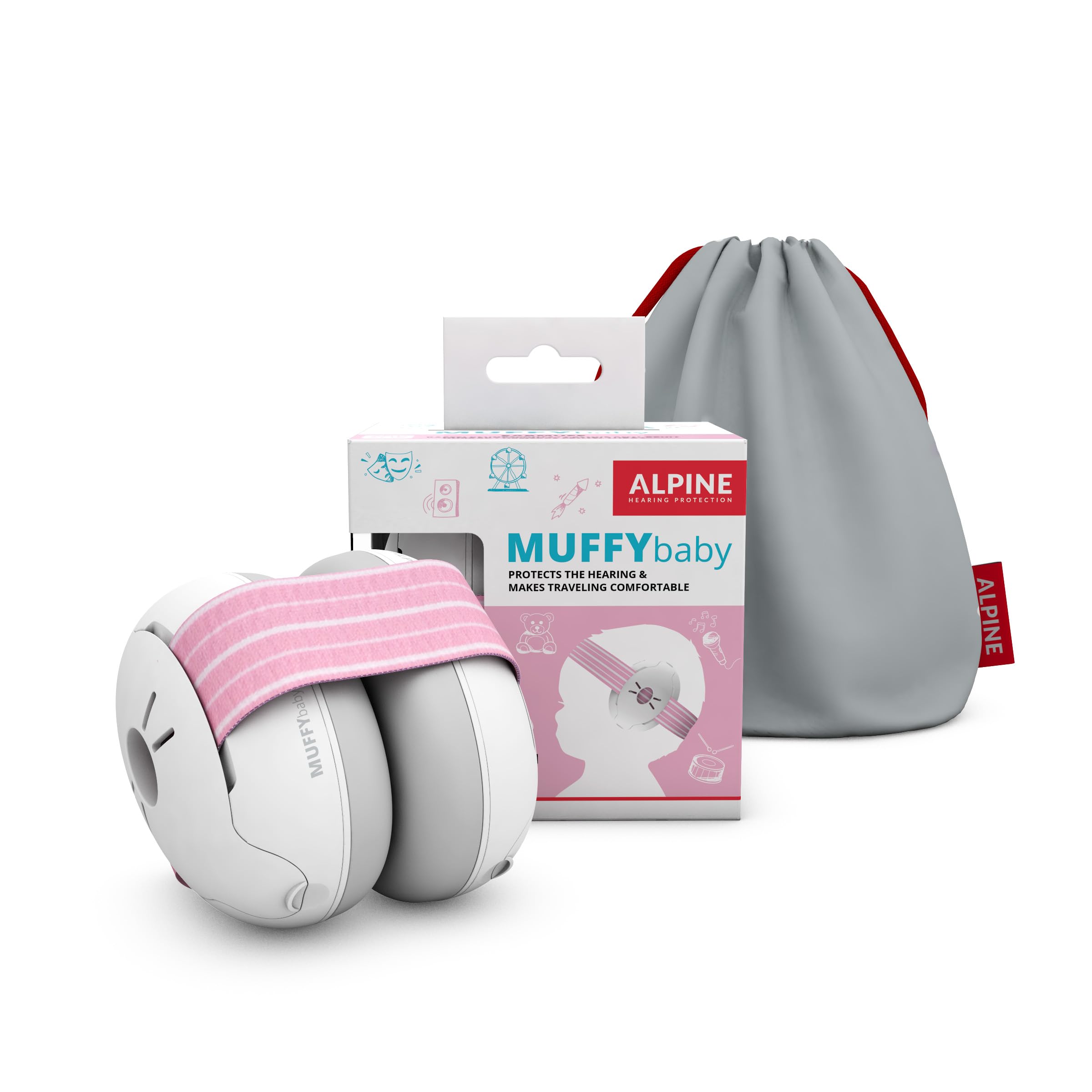 Alpine Muffy Baby Ear Protection in pink shields little ears at loud events.
