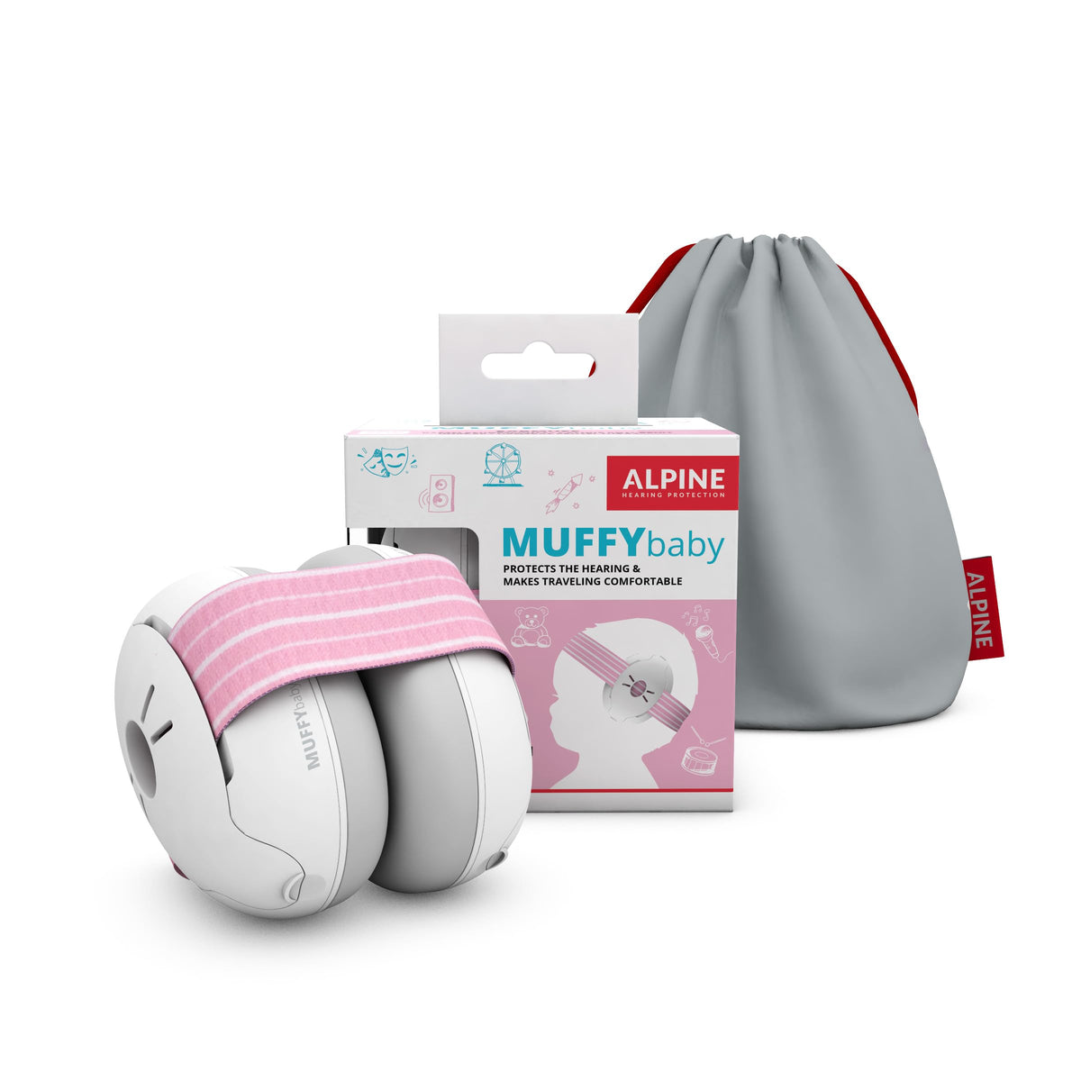 Alpine Muffy Baby Ear Protection in pink shields little ears at loud events.