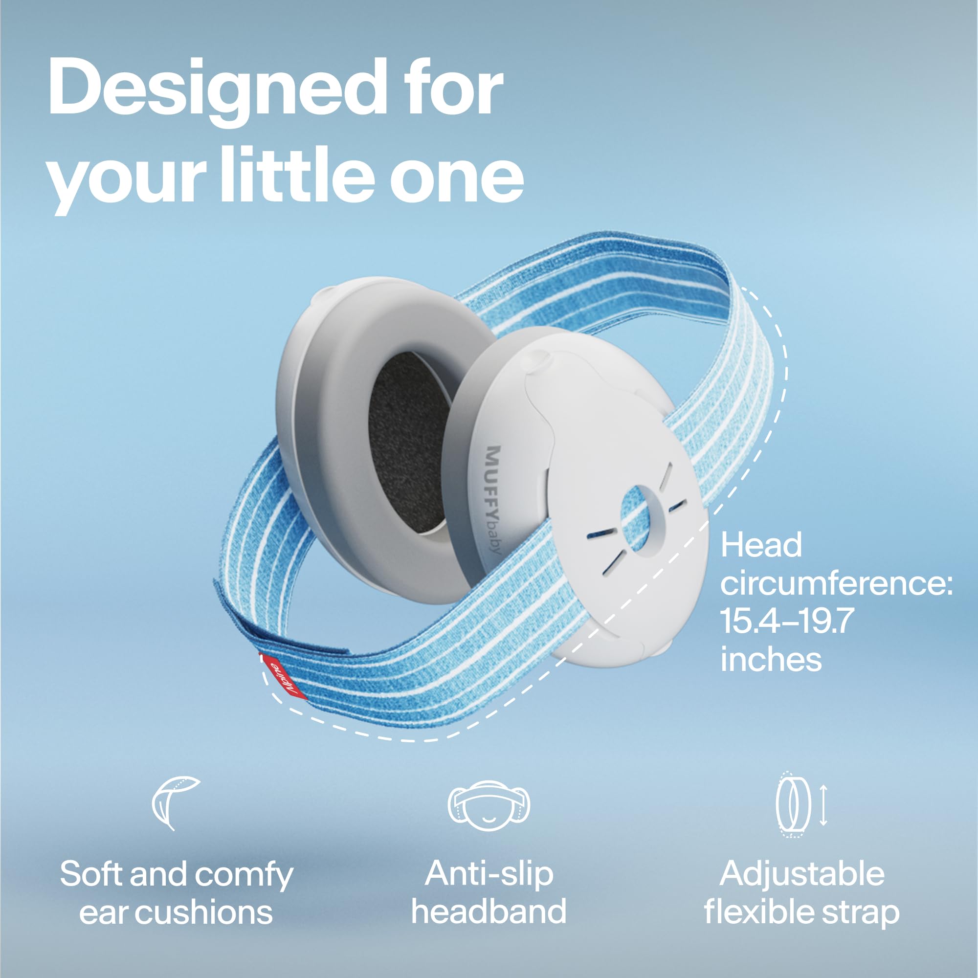 Alpine Muffy Baby wearing ear protection — secure, comfortable fit