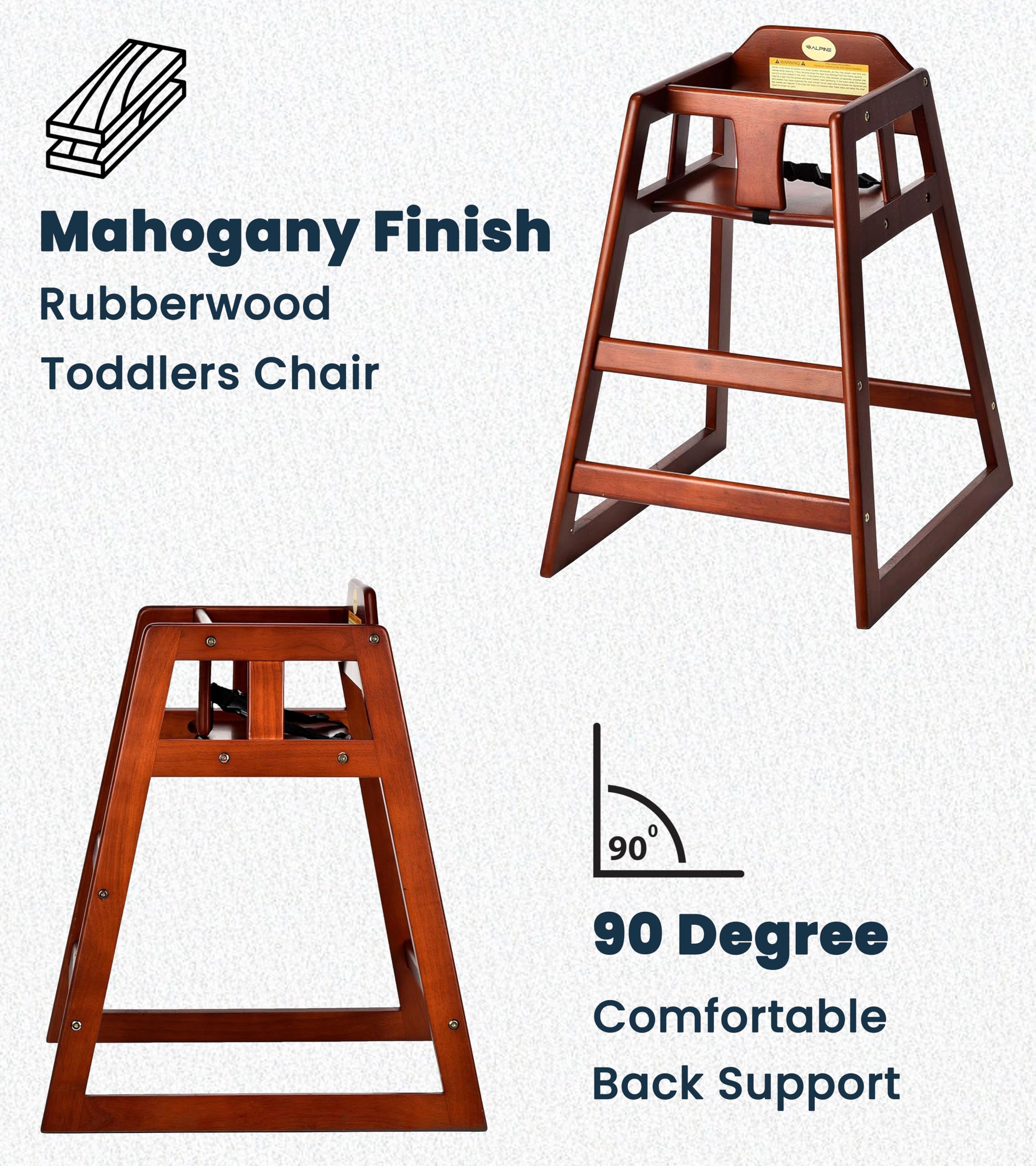 Alpine restaurant-ready high chair enhances dining areas with durable wood seating.