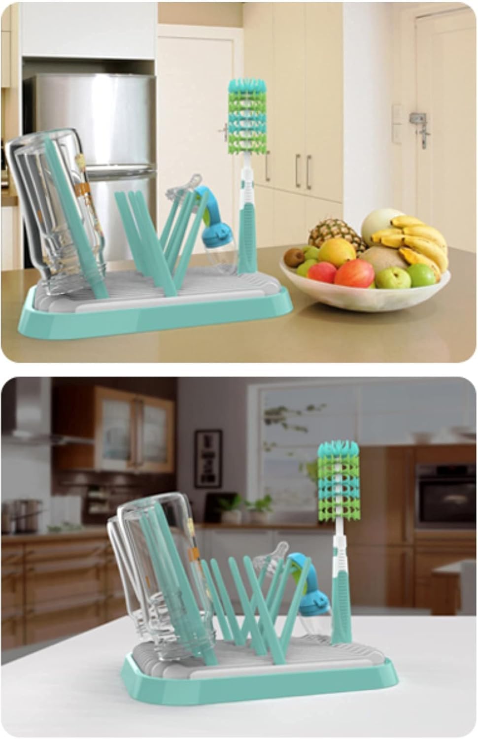 Altibrant baby bottles drying rack in green color adds a fresh kitchen touch