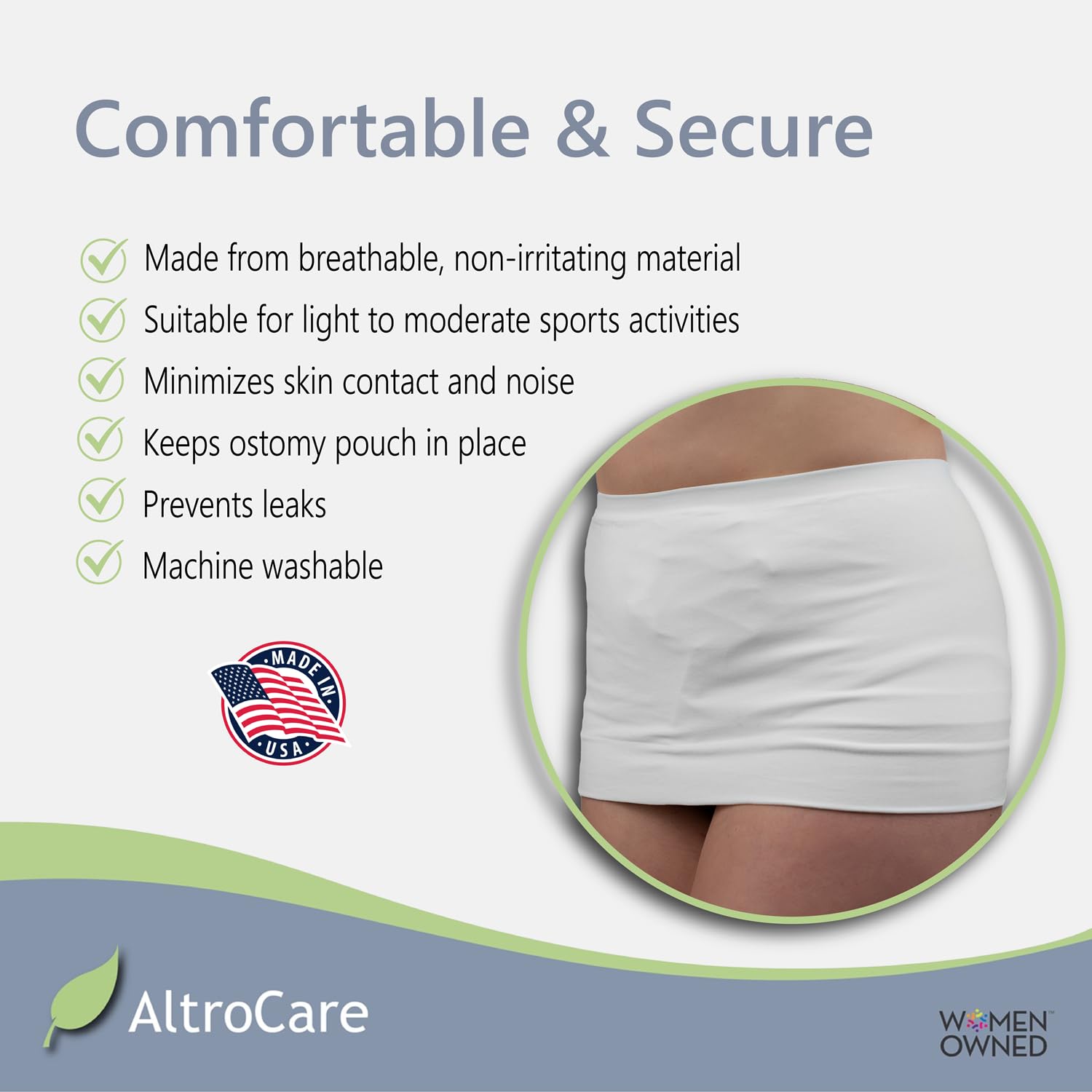 AltroCare Stoma Support Garment pouch-cover reduces noise and enhances security during activity.