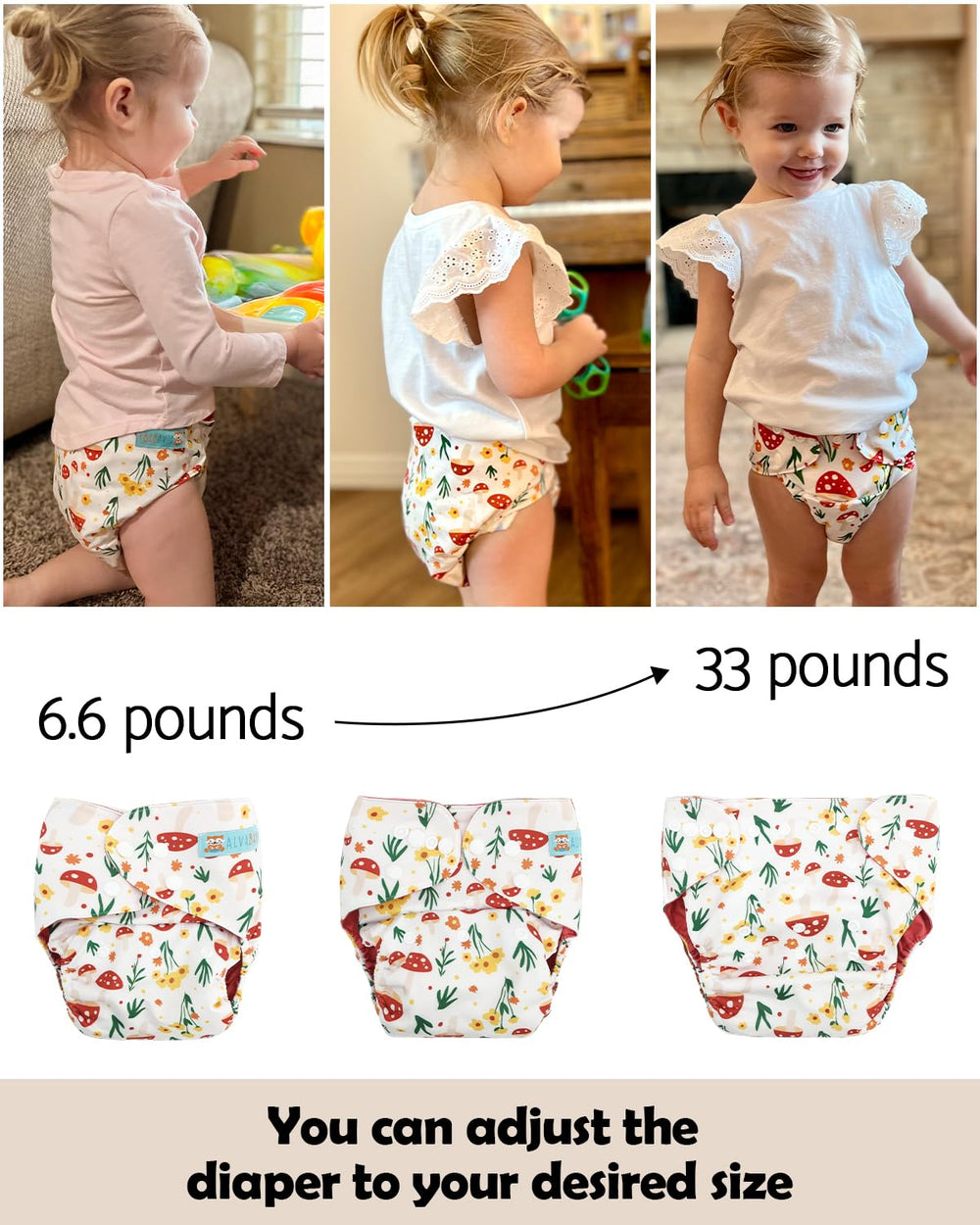 ALVA diaper cover hip and crossover snaps prevent wing droop for a snug fit.