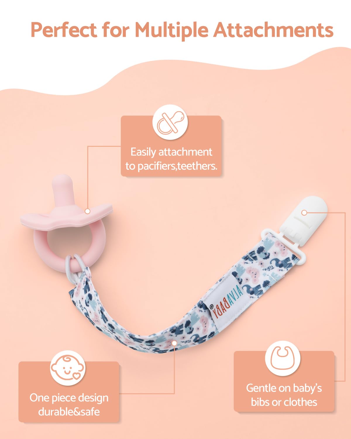ALVABABY pacifier clip fruit pattern prevents drops.