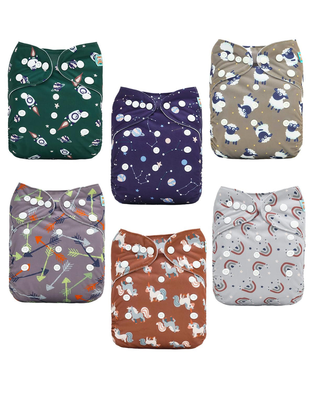 ALVABABY six-pack cloth diapers offering reusable, adjustable fit for growing babies.